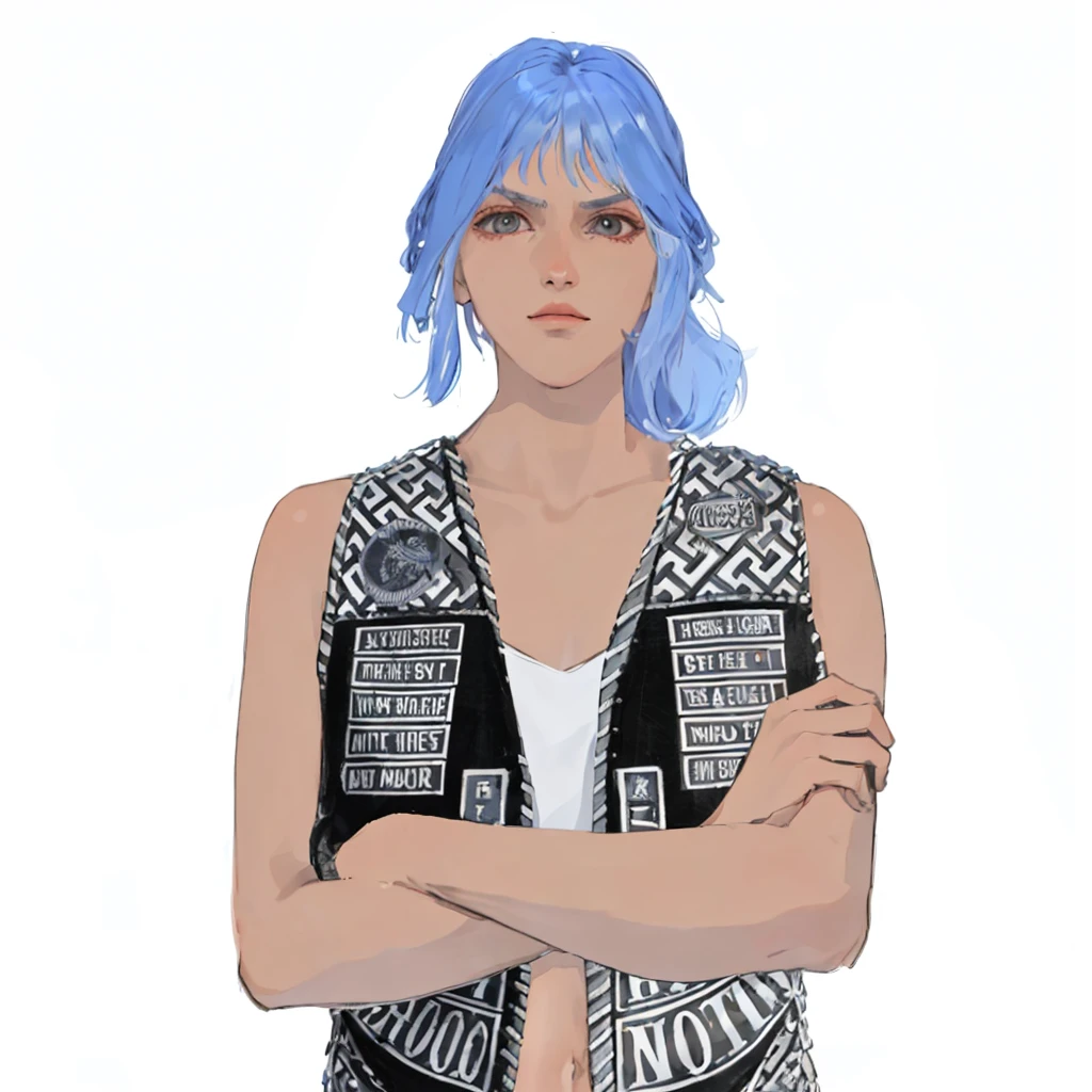 (masterpiece:1.2, best quality), (1girl, solo, upper body:1.2),flat face,Hair: buzz cut, Clothing: oversized, distressed denim jacket with patches and pins, paired with black skinny jeans and combat boots, Hanging out in an underground music venue or street art exhibit