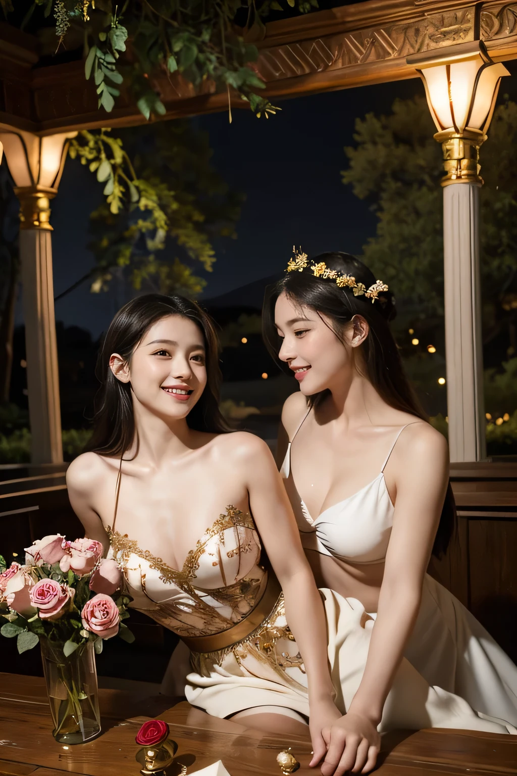 Giorgione painting style,Arguments of two female Philosophe,math、astronomical machine、astronaut、roses in vase、fruits、Cute trinkets、smile、ancient greek costume、Background is a forest lake at night 、Clothes that stretch your shoulders、A big smile、beautiful 、A detailed representation of the seducing woman throughout her body.sexy, smile