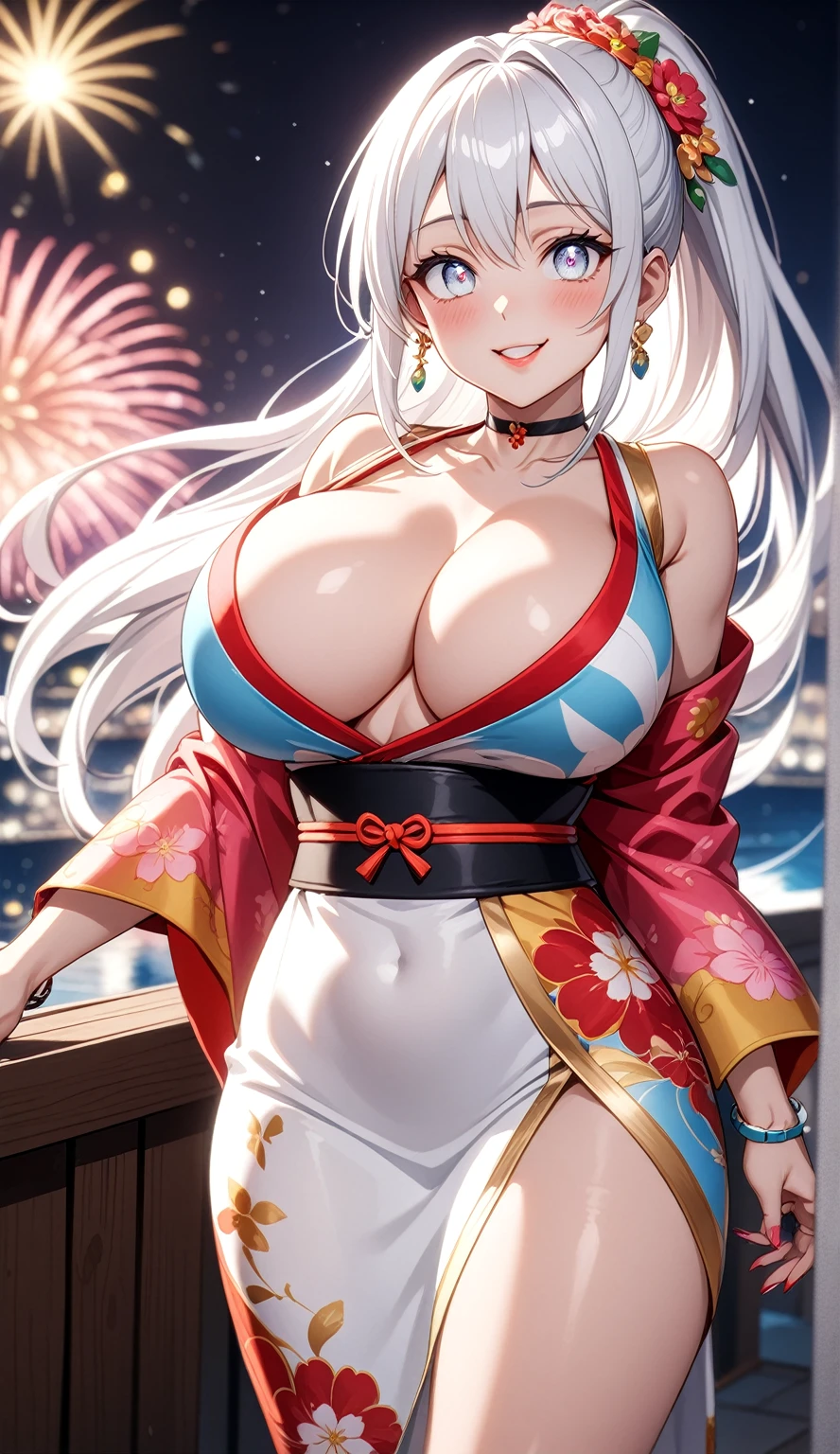 ((One personの女性)), Beautiful Face, ((Looking Outside:1.5)),Laugh shyly,((Wink:1.9)),Laugh with your mouth wide open((Bright red cheeks:1.4)),Shiny red lips,night,rooftop,Festive decorations,You can see the ocean, firework,Laughing with your mouth open,Glossy pink lips, lighting,((Anime style background)),masterpiece, Highest quality, so beautiful,up to date, Complex details, (Pink long nails),(ring),(bracelet),(choker),AI-generated, Complex,High resolution, Highest quality, super high quality,3D Images、3D Images,One person,Long white hair,High Ponytail,(blue eyes),Anime woman posing for a photo, ((fine grain、Silver-white colorful eyes、Shining Eyes:1.4)),(Squint your eyes:1.1),a hyperRealistic , hyperRealistic , Realistic,Anime woman with long white hair, Smooth anime CG art, A woman in a colorful kimono with gold embroidery, (black furisode),Red floral pattern,Long flower hair ornament,Big earrings,Mature Body,(Big Breasts:1.1),expensive,Abdominal muscles,Tight waist,(Zoom in on face:1.7),Shooting from diagonally below