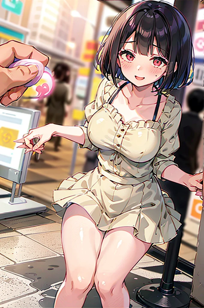4K,One Girl, MS. end,thin,Very short stature,Very thin thighs,Blunt bangs,Short dress shirt, Half sleeves,Red Suspender Mini Skirt,blush, smile, Bobcut, Black Hair,Vibrant colors, ahegao,A lot of love juice drips down her thighs onto the floor,(remote_play)),remote-vibrating-egg,((Someone else's hand holding a pink round remote control:1.3))、Ecstatic expression,Accurate and detailed female fingers,nsfw,blush,Bitch,masterpiece,yo,pussy juice