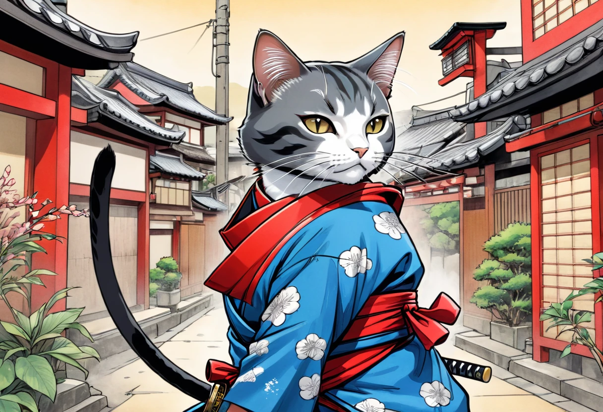 arte em tinta fina, comic style, portrait of japan, samurai cat, Glamour de Osaka, bela arte de linha, comic style, manga style, manga art style, pencil and ink caricature drawing, coloring, , other positions, corpo inteiro. Japan Background, cat ninja, desenho colorido. Old japan sity in background