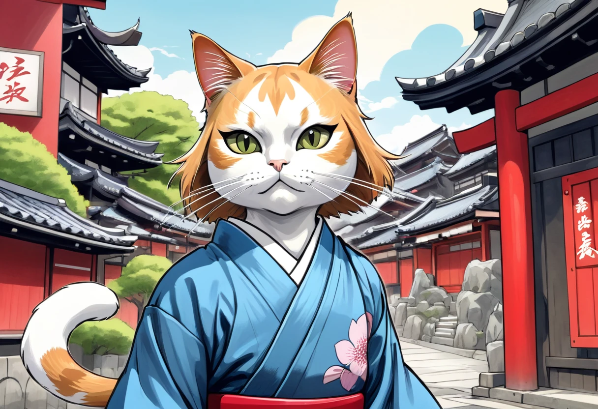 arte em tinta fina, comic style, portrait of japan, samurai cat, Glamour de Osaka, bela arte de linha, comic style, manga style, manga art style, pencil and ink caricature drawing, coloring, , other positions, corpo inteiro. Japan Background, cat ninja, desenho colorido. Old japan sity in background