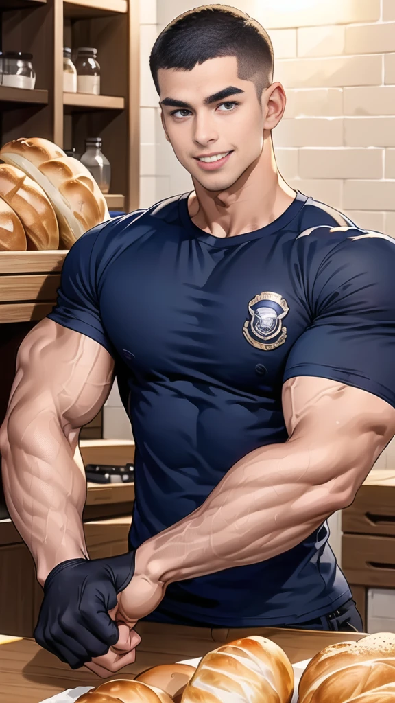 (handsome Man sitting on table eating bread ),(crew cut short hair:1.8),black eye,(Wear a fitted round neck t-shirt in navy with a police badge.:1.5),(fit neck),Navy blue jeans,(black_gloves:1.2), Korean guy,chest muscles,large arm muscles,blood vessel,Big muscles,Broad shoulders, (open mouth:1.2),(face up:1.2),(open eyes:1.5), middle of the road,smile, In the bread shop, 