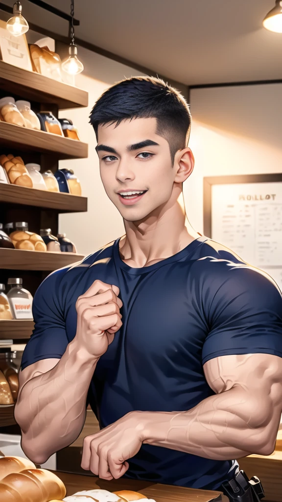 (handsome Man sitting on table eating bread ),(crew cut short hair:1.8),black eye,(Wear a fitted round neck t-shirt in navy with a police badge.:1.5),(fit neck),Navy blue jeans,(black_gloves:1.2), Korean guy,chest muscles,large arm muscles,blood vessel,Big muscles,Broad shoulders, (open mouth:1.2),(face up:1.2),(open eyes:1.5), middle of the road,smile, In the bread shop,