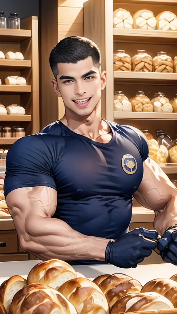 (handsome Man sitting on table eating bread ),(crew cut short hair:1.8),black eye,(Wear a fitted round neck t-shirt in navy with a police badge.:1.5),(fit neck),Navy blue jeans,(black_gloves:1.2), Korean guy,chest muscles,large arm muscles,blood vessel,Big muscles,Broad shoulders, (open mouth:1.2),(face up:1.2),(open eyes:1.5), middle of the road,smile, In the bread shop, 
