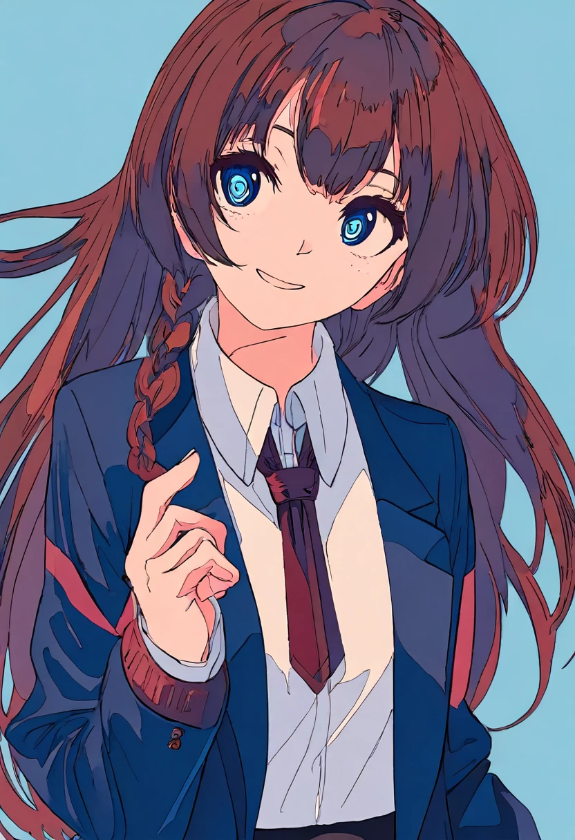 Flat Color, One girl, 一人in, tie, Double Bang, in, smile, Jacket, choker, Braiding, Hair Bun, looking at iniewer, shirt, Simple Background, Upper Body, Blue background, Manicure, Blue Claws, collared shirt, Brown eyes, bangs, blue tie, black choker, white shirt, Blue Hair, freckles, Grin, striped tie, long sleeines, open Jacket, blue Jacket, twin Braidings, Raise your hand, Flat Color