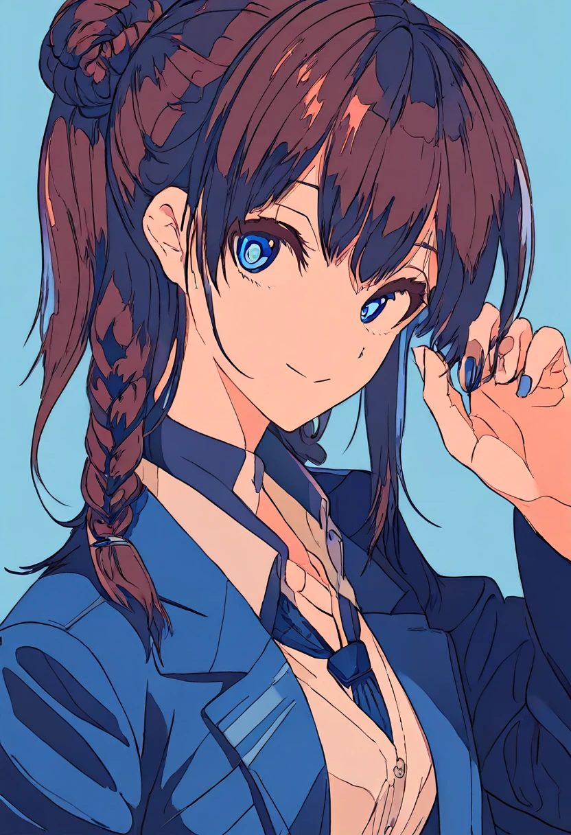 Flat Color, One girl, 一人in, tie, Double Bang, in, smile, Jacket, choker, Braiding, Hair Bun, looking at iniewer, shirt, Simple Background, Upper Body, Blue background, Manicure, Blue Claws, collared shirt, Brown eyes, bangs, blue tie, black choker, white shirt, Blue Hair, freckles, Grin, striped tie, long sleeines, open Jacket, blue Jacket, twin Braidings, Raise your hand, Flat Color