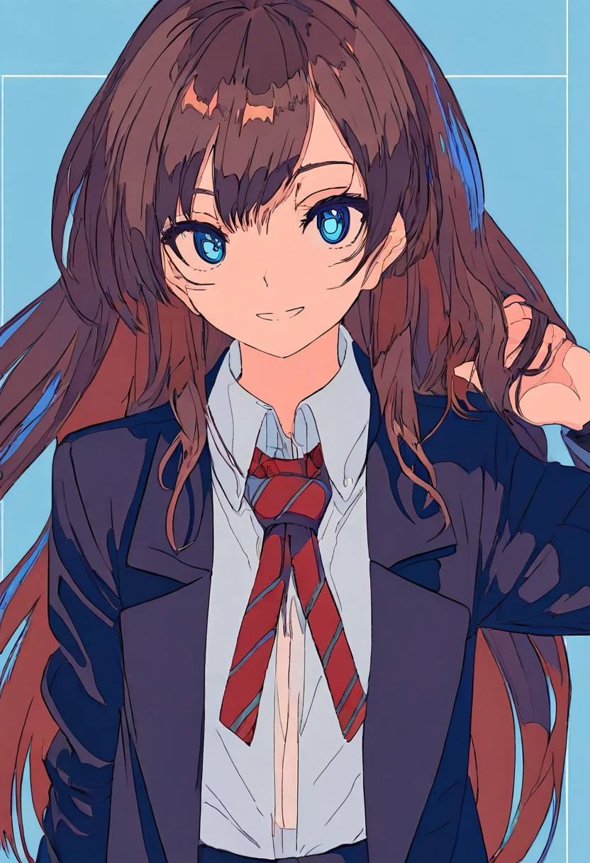 Flat Color, One girl, 一人in, tie, Double Bang, in, smile, Jacket, choker, Braiding, Hair Bun, looking at iniewer, shirt, Simple Background, Upper Body, Blue background, Manicure, Blue Claws, collared shirt, Brown eyes, bangs, blue tie, black choker, white shirt, Blue Hair, freckles, Grin, striped tie, long sleeines, open Jacket, blue Jacket, twin Braidings, Raise your hand, Flat Color