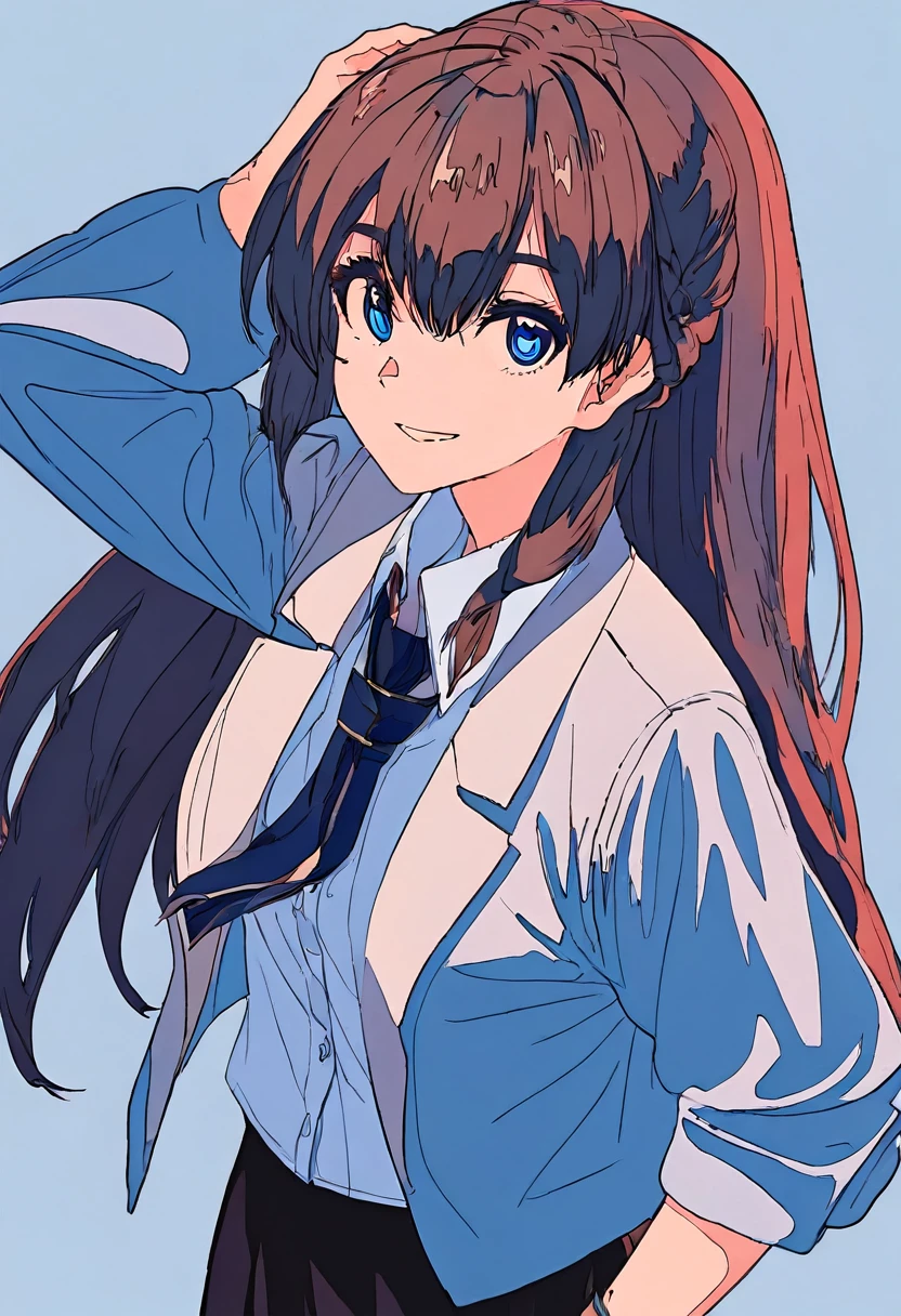 Flat Color, One girl, 一人in, tie, Double Bang, in, smile, Jacket, choker, Braiding, Hair Bun, looking at iniewer, shirt, Simple Background, Upper Body, Blue background, Manicure, Blue Claws, collared shirt, Brown eyes, bangs, blue tie, black choker, white shirt, Blue Hair, freckles, Grin, striped tie, long sleeines, open Jacket, blue Jacket, twin Braidings, Raise your hand, Flat Color