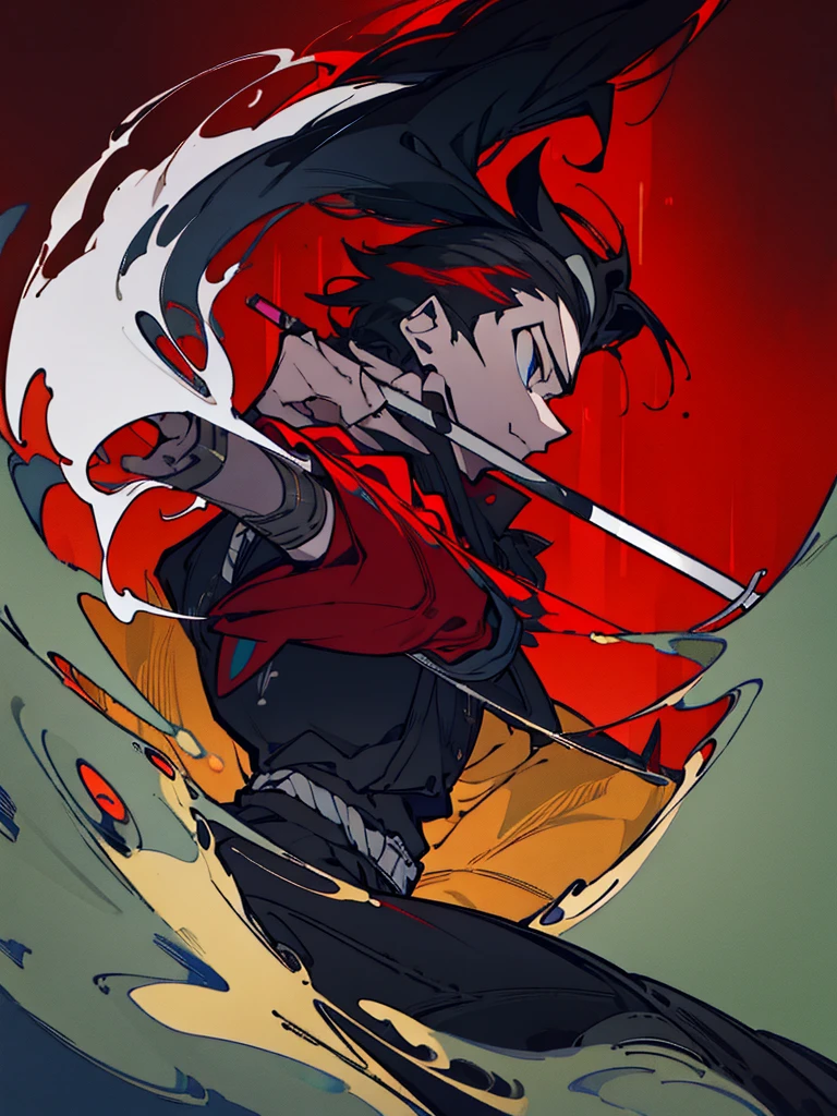 0 damage assassine, pointing the brush at viewer, ,a killer who likes to paint, dirty laundry of colored paint, holding a wet brush of paint, colored hair, fantasy, marvel, absolutely stunning art, art of the highest quality, highest resolution, hyper detailed, black and red