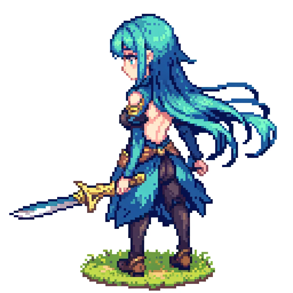 Pixel Art, sword, cute,Back view,Highest quality,One Girl,Fantasy,whole body,White background
