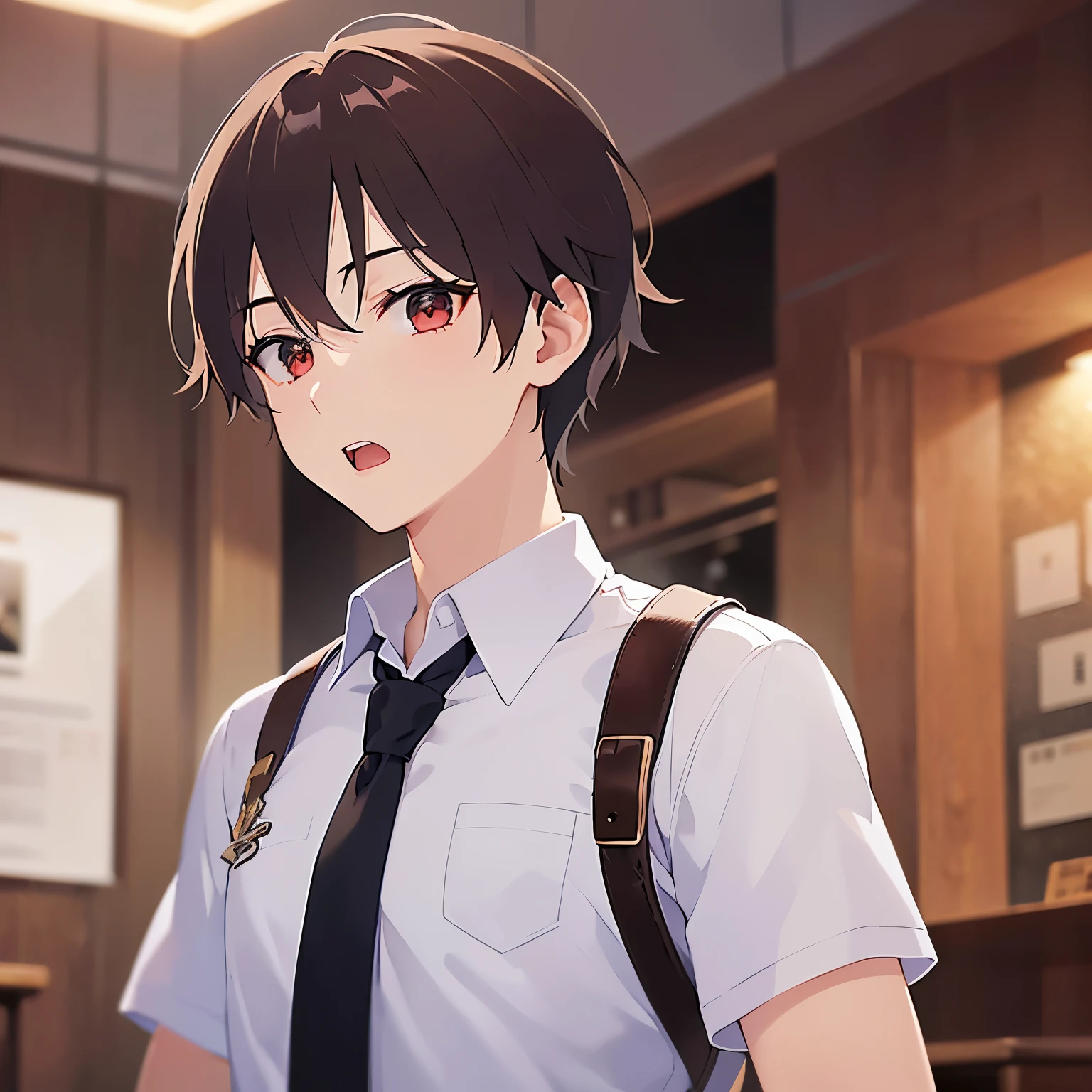 upper body、shiny skin、masterpiece、Highest quality、(25-year-old male:1.5) and (mahogany brown short hair) and (red eyes), (gray collared shirt)、Are standing、(surprised:1.3), open mouth, The background is the interior of a restaurant at night.、(Alone:1.5)、