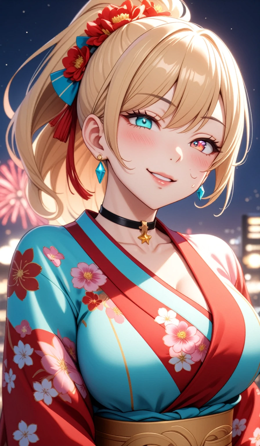 ((One personの女性)), Beautiful Face,Laugh shyly,((Close one eye:2.0)),Laugh with your mouth wide open((Bright red cheeks:1.4)),Glossy pink lips,night,rooftop,Festive decorations,You can see the ocean, firework,Laughing with your mouth open,Glossy pink lips,Facial lighting,((Anime style background)),masterpiece, Highest quality, so beautiful,up to date, Complex details, (Pink long nails),(ring),(bracelet),(choker),AI-generated, Complex,High resolution, Highest quality, super high quality,3D Images、View your audience、3D Images,One person,Long blonde hair,High Ponytail,(Turquoise Eyes),Anime woman posing for a photo, ((fine grain、Colorful eyes、Shining Eyes:1.4)),(Squint your eyes:1.4),a hyperRealistic , hyperRealistic , Realistic,Anime woman with long white hair, Smooth anime CG art, A woman in a colorful kimono with gold embroidery, (Pink long-sleeved kimono),Red floral pattern,Long flower hair ornament,big floral earrings,Mature Body,(Big Breasts:1.1),expensive,Abdominal muscles,Tight waist,(Zoom in on face:1.7),Shooting from diagonally below