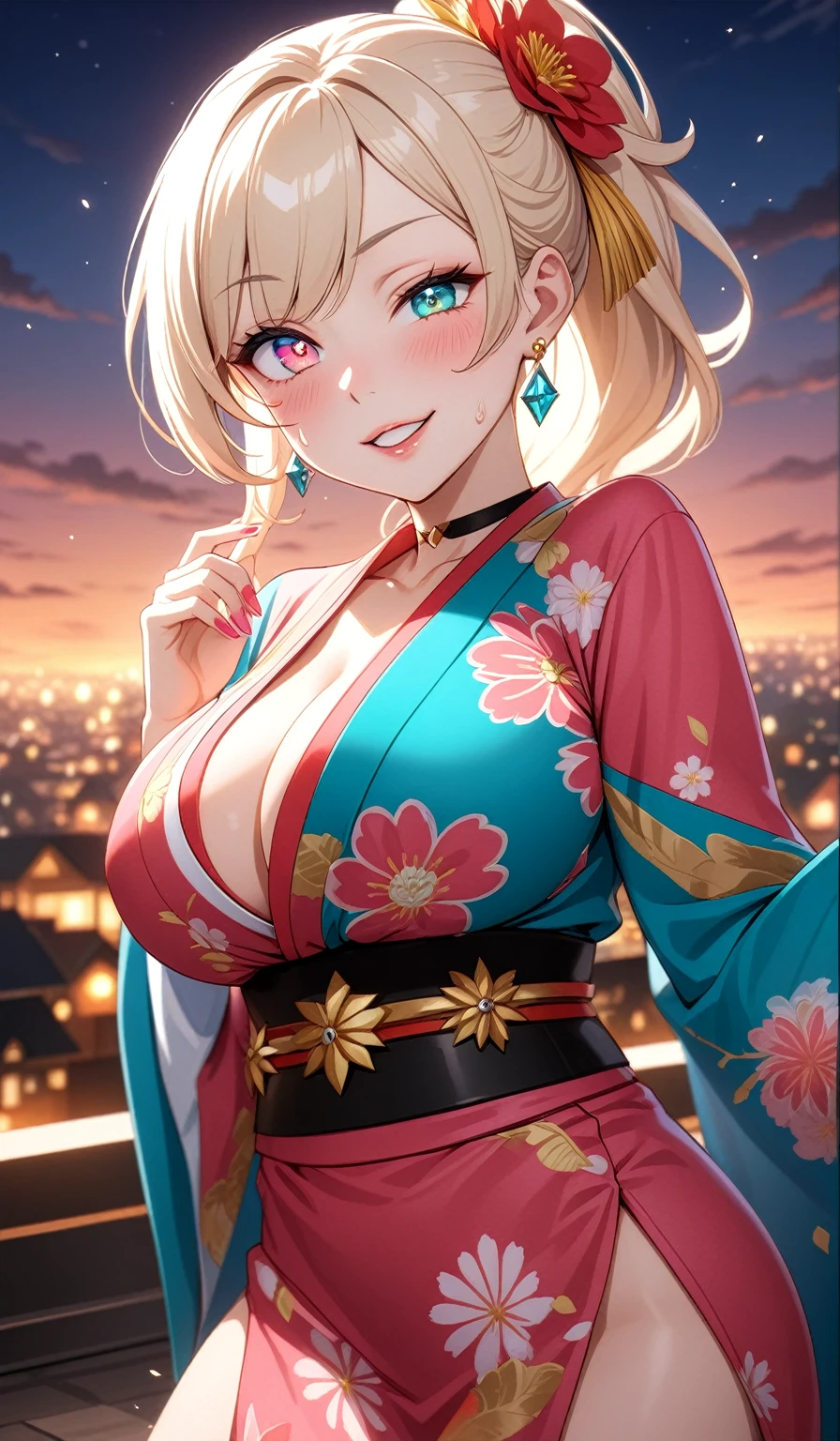 ((One personの女性)), Beautiful Face,Laugh shyly,((Close one eye:2.0)),Laugh with your mouth wide open((Bright red cheeks:1.4)),Glossy pink lips,night,rooftop,Festive decorations,You can see the ocean, firework,Laughing with your mouth open,Glossy pink lips,Facial lighting,((Anime style background)),masterpiece, Highest quality, so beautiful,up to date, Complex details, (Pink long nails),(ring),(bracelet),(choker),AI-generated, Complex,High resolution, Highest quality, super high quality,3D Images、View your audience、3D Images,One person,Long blonde hair,High Ponytail,(Turquoise Eyes),Anime woman posing for a photo, ((fine grain、Colorful eyes、Shining Eyes:1.4)),(Squint your eyes:1.4),a hyperRealistic , hyperRealistic , Realistic,Anime woman with long white hair, Smooth anime CG art, A woman in a colorful kimono with gold embroidery, (Pink long-sleeved kimono),Red floral pattern,Long flower hair ornament,big floral earrings,Mature Body,(Big Breasts:1.1),expensive,Abdominal muscles,Tight waist,(Zoom in on face:1.7),Shooting from diagonally below