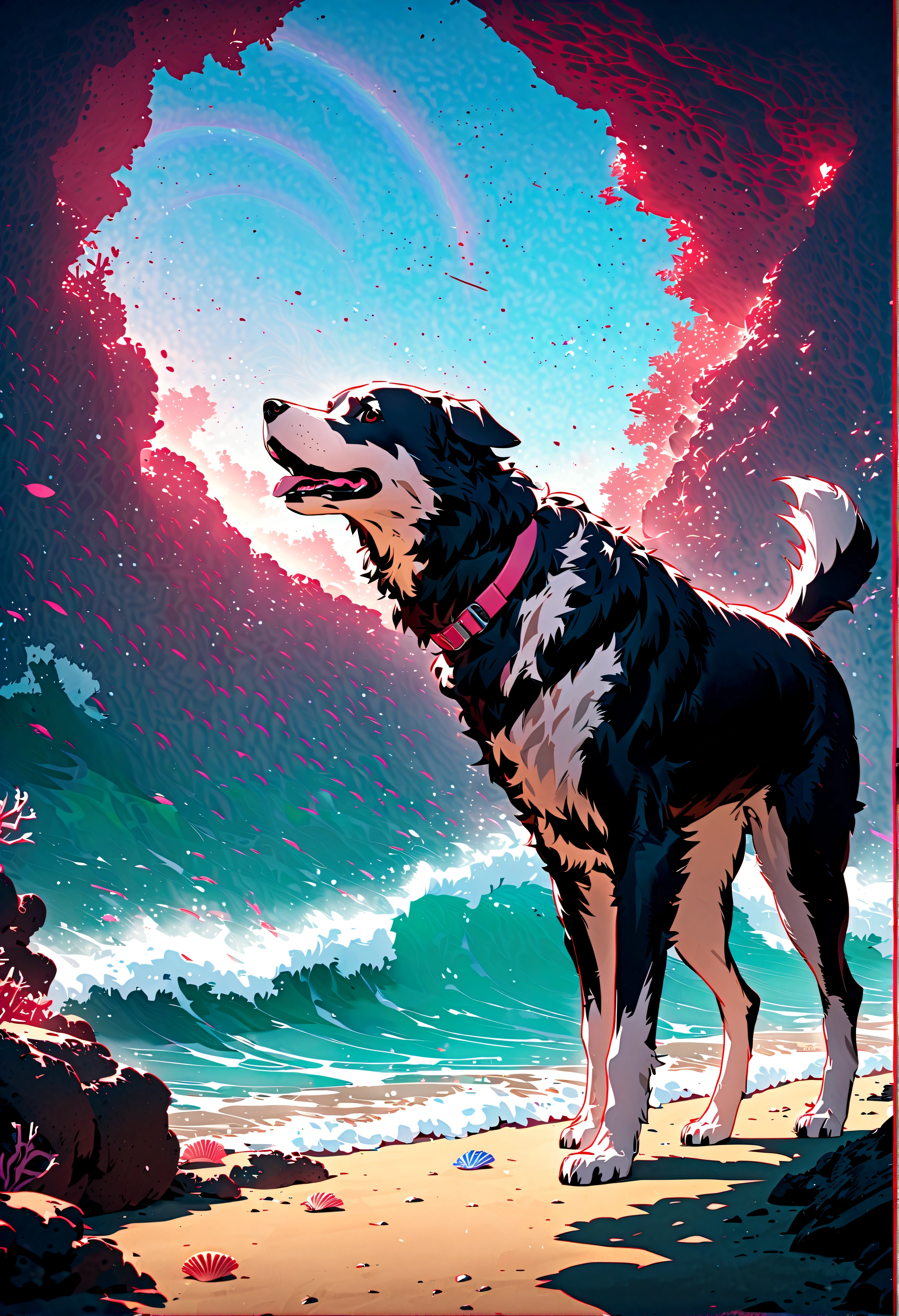 quality\(8k,wallpaper of extremely detailed CG unit, masterpiece,hight resolution,top-quality,top-quality real texture skin,hyper realisitic,increase the resolution,RAW photos,best qualtiy,highly detailed,the wallpaper,cinematic lighting,ray trace,golden ratio\), BREAK ,dog\(big,white,detailed beautiful fur\) and lady\(young,beautiful,clean,healthy\) walking happily on the beach\( waves and sea\(very detailed, beautiful, clear\) , many coral reefs,colorful seashells\),golden time
