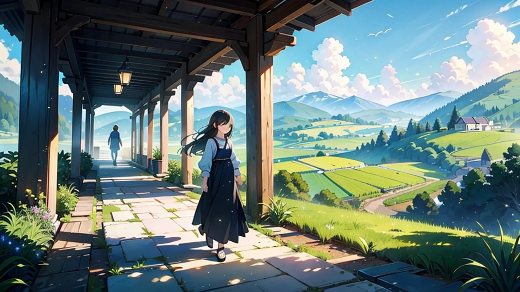 1girl、Highest quality、Masterpiece、Official Art、The best dynamic composition、A tranquil view of the countryside、Departure、A mother is walking hand in hand with her little son、