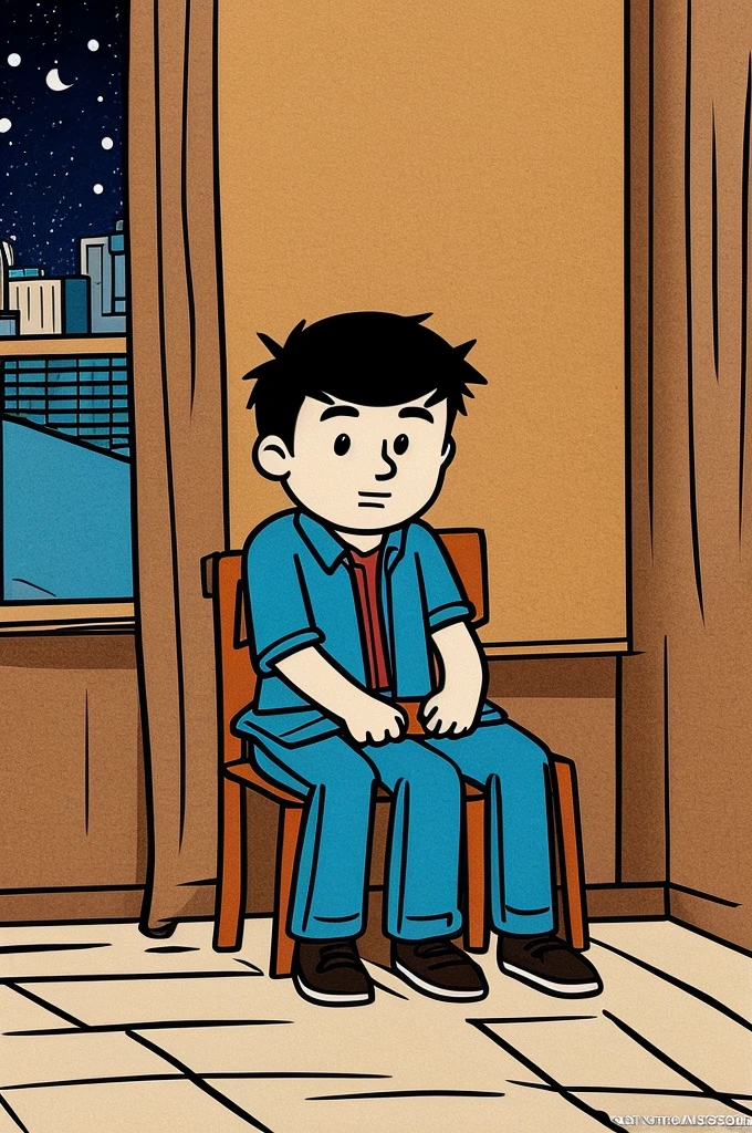 Lonely boy sitting at night cartoon