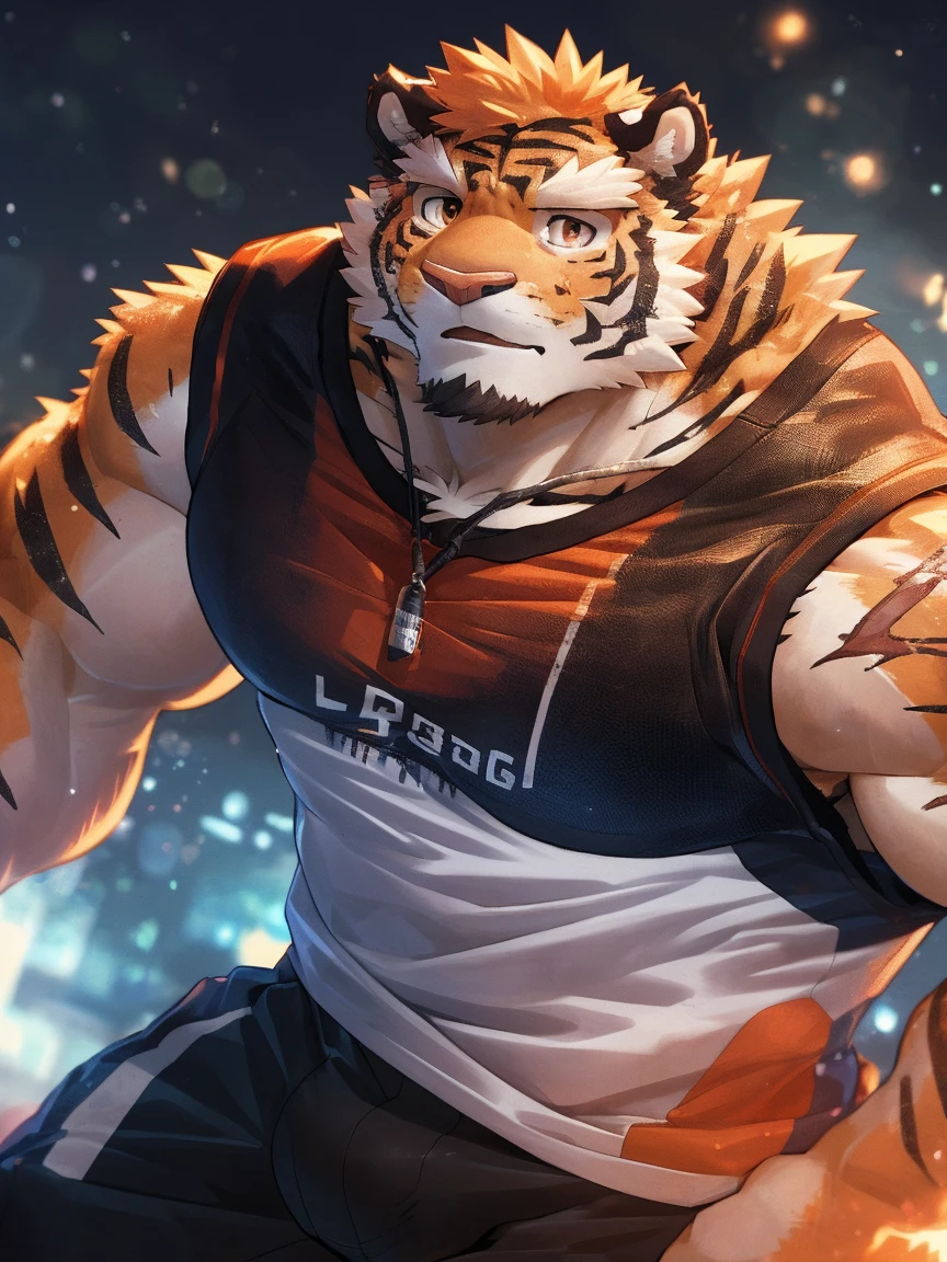human nature, Wildlife, male,18 years old， solitary, ((Round Face, The face is plump,Orange eyes,Thick orange hair，With scars)), ((Endomorph, Handsome，Hot Blood)), (Sportswear，Clothes Damaged), ((domestic tiger, tiger，) Fluffy fur, Fluffy), Bokeh, (high quality, high resolution, masterpiece), (Dynamic Lighting, Vibrant colors), (Revitalize，Injuried，Disdain), Full body picture (close up), cartoon, author：Takemoto Arashi, From zixiong, By Chunni, author：Empty Ghost，（background：Snowy cities）