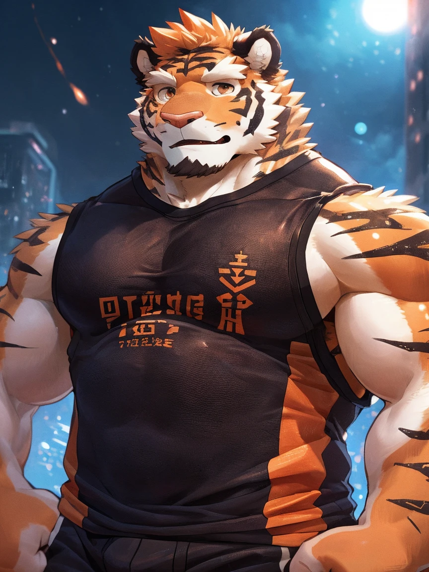 human nature, Wildlife, male,18 years old， solitary, ((Round Face, The face is plump,Orange eyes,Thick orange hair，With scars)), ((Endomorph, Handsome，Hot Blood)), (Sportswear，Clothes Damaged), ((domestic tiger, tiger，) Fluffy fur, Fluffy), Bokeh, (high quality, high resolution, masterpiece), (Dynamic Lighting, Vibrant colors), (Revitalize，Injuried，Disdain), Full body picture (close up), cartoon, author：Takemoto Arashi, From zixiong, By Chunni, author：Empty Ghost，（background：Snowy cities）