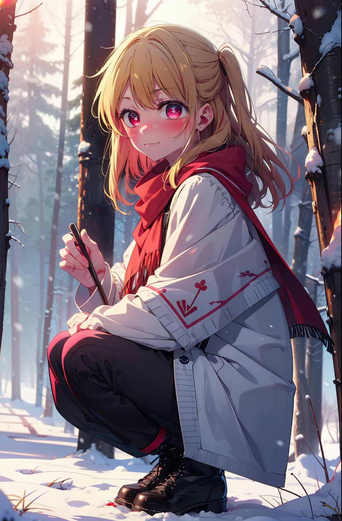 rubyhoshino, Hoshino Ruby, Long Hair, bangs, Blonde, (Pink Eyes:1.3), Side Lock, (Symbol-shaped pupil:1.5), Multicolored Hair, Two-tone hair, smile,,smile,blush,White Breath,
Open your mouth,snow,Ground bonfire, Outdoor, boots, snowing, From the side, wood, suitcase, Cape, Blurred, , forest, White handbag, nature,  Squat, Mouth closed, Cape, winter, Written boundary depth, Black shoes, red Cape break looking at viewer, Upper Body, whole body, break Outdoor, forest, nature, break (masterpiece:1.2), Highest quality, High resolution, unity 8k wallpaper, (shape:0.8), (Beautiful and beautiful eyes:1.6), Highly detailed face, Perfect lighting, Highly detailed CG, (Perfect hands, Perfect Anatomy),