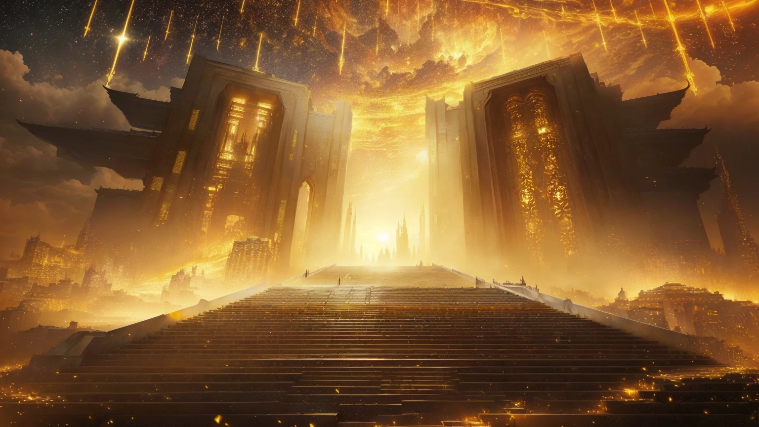 There is a staircase leading to a building with the sky in the background, gold gates of heaven!!!!!!!!, golden cityscape, Ruina Library concept art, tall golden heavenly gates, golden towers, Mark Simonetti. complex, 灵感来自Mark Simonetti, art style of Mark Simonetti, Galaxy Temple, cathedral of the sun, Huge futuristic temple city