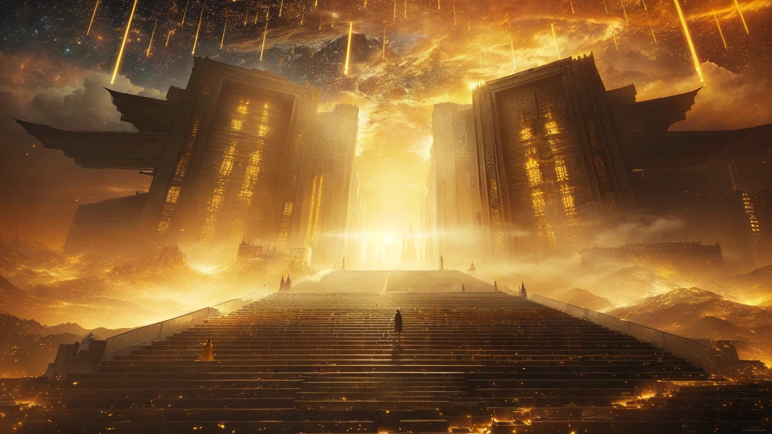 There is a staircase leading to a building with the sky in the background, gold gates of heaven!!!!!!!!, golden cityscape, Ruina Library concept art, tall golden heavenly gates, golden towers, Mark Simonetti. complex, 灵感来自Mark Simonetti, art style of Mark Simonetti, Galaxy Temple, cathedral of the sun, Huge futuristic temple city