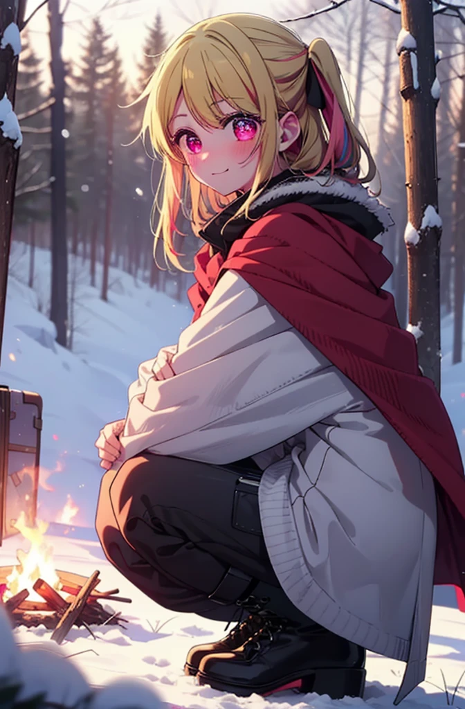 rubyhoshino, Hoshino Ruby, Long Hair, bangs, Blonde, (Pink Eyes:1.3), Side Lock, (Symbol-shaped pupil:1.5), Multicolored Hair, Two-tone hair, smile,,smile,blush,White Breath,
Open your mouth,snow,Ground bonfire, Outdoor, boots, snowing, From the side, wood, suitcase, Cape, Blurred, , forest, White handbag, nature, Squat, Mouth closed, Cape, winter, Written boundary depth, Black shoes, red Cape break looking at viewer, Upper Body, whole body, break Outdoor, forest, nature, break (masterpiece:1.2), Highest quality, High resolution, unity 8k wallpaper, (shape:0.8), (Beautiful and beautiful eyes:1.6), Highly detailed face, Perfect lighting, Highly detailed CG, (Perfect hands, Perfect Anatomy),