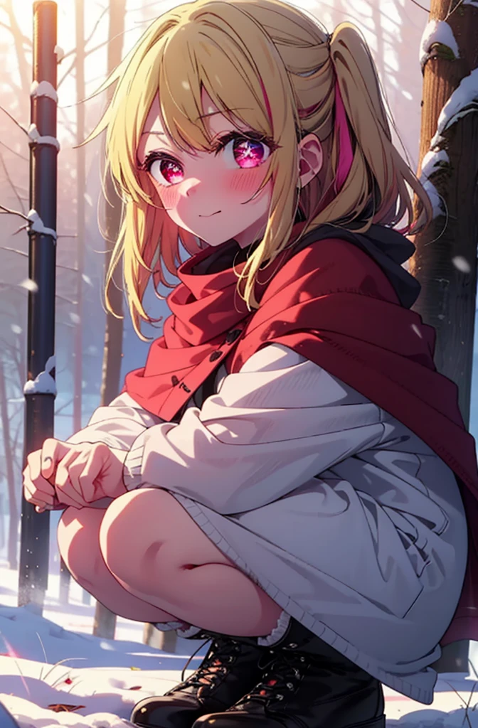 rubyhoshino, Hoshino Ruby, Long Hair, bangs, Blonde, (Pink Eyes:1.3), Side Lock, (Symbol-shaped pupil:1.5), Multicolored Hair, Two-tone hair, smile,,smile,blush,White Breath,
Open your mouth,snow,Ground bonfire, Outdoor, boots, snowing, From the side, wood, suitcase, Cape, Blurred, , forest, White handbag, nature,  Squat, Mouth closed, Cape, winter, Written boundary depth, Black shoes, red Cape break looking at viewer, Upper Body, whole body, break Outdoor, forest, nature, break (masterpiece:1.2), Highest quality, High resolution, unity 8k wallpaper, (shape:0.8), (Beautiful and beautiful eyes:1.6), Highly detailed face, Perfect lighting, Highly detailed CG, (Perfect hands, Perfect Anatomy),