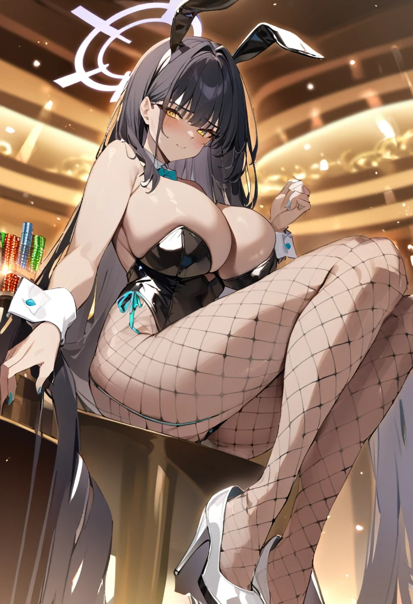 1girl、bunny girl、white rabbit ears、wrist cuffs、black leotard、sagging breast、(milf、Mature Woman:1.3)、Black fishnet stockings、garter belt、blue_archive、{{{Karin the Horned Shield、black skin、Yellow Eyes、Black Hair、long hair、Black bunny suit}}}、Halo、casino、casino、Black high heels