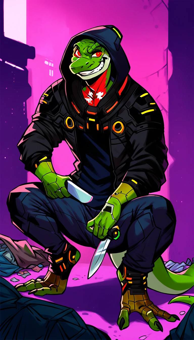 score_9, score_8_up, score_7_up, (cyberpunk, dark night, underground dark room background), (trash, ((lizard:1.2), anthro, male, solo, ((crazy smile, grin)), ((holding knife)), (Squatting, on their haunches), ((wearing cyberpunk style black clothes, hood, hoody, pants:1.5)), lizard skin, lizard scales, short haircut, beautiful), (wearing a cyberpunk augmentations, eyes implants, red eye:1.35)