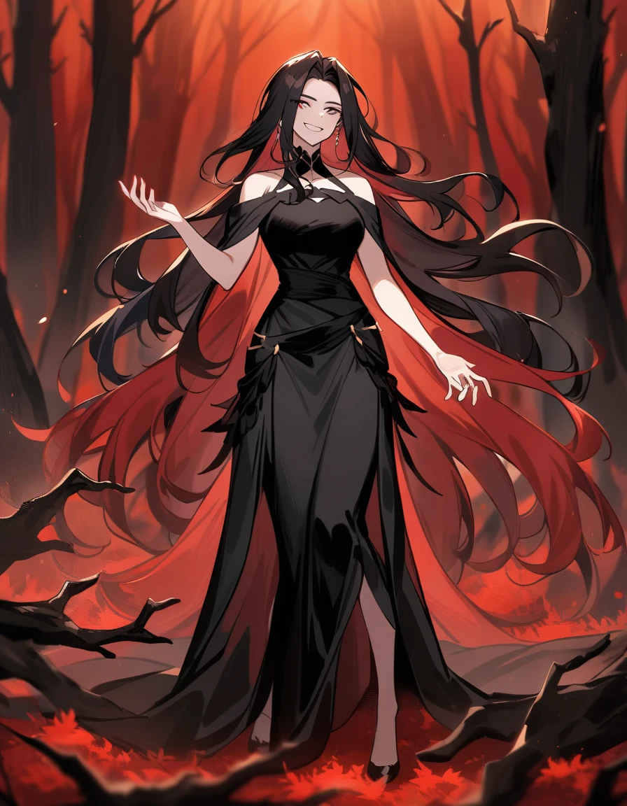 female greek goddess hades with short black hair, wearing a long black dress, smiling and extending her hand to help get up, in a red forest with dead trees