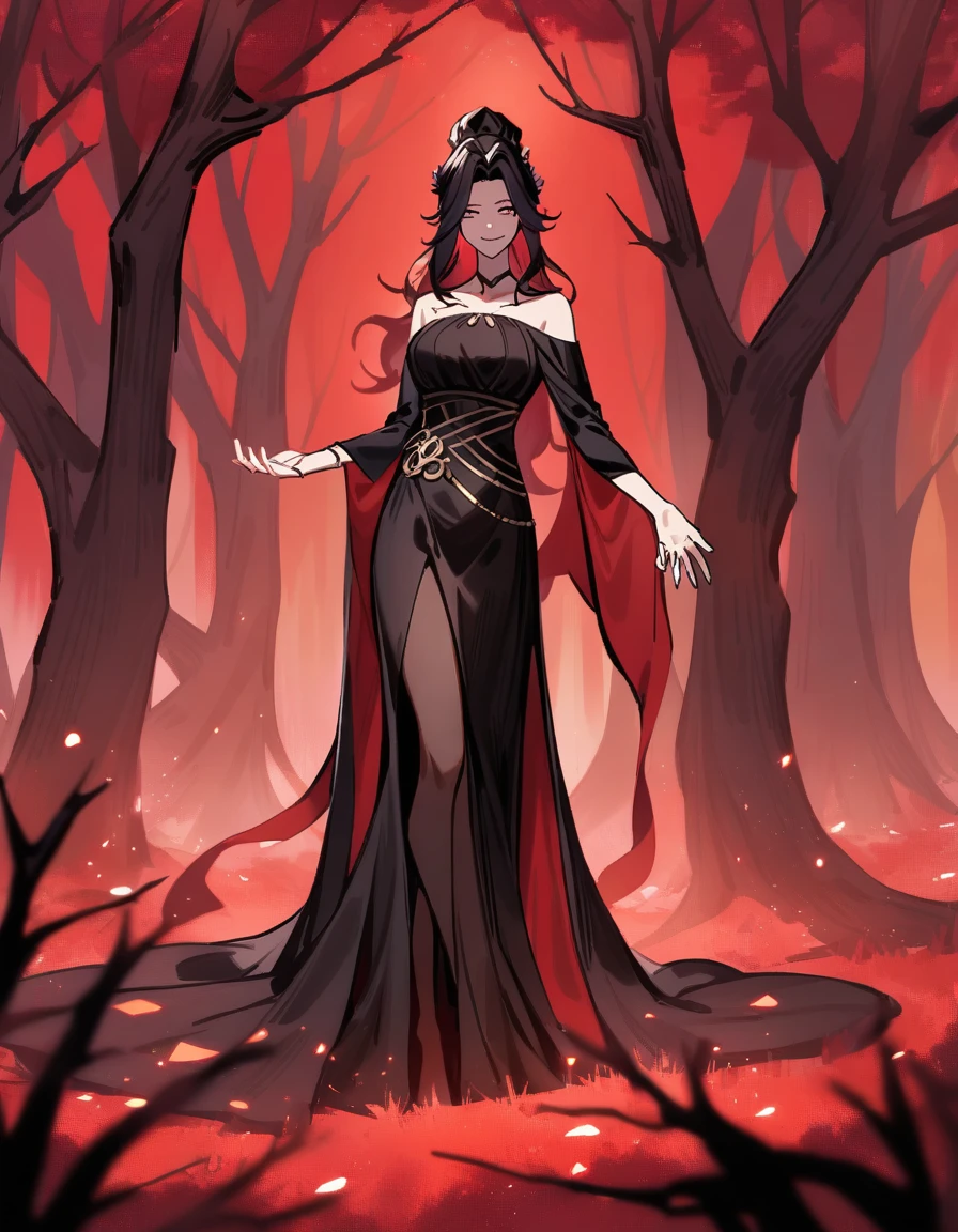 female greek goddess hades with short black hair, wearing a long black dress, smiling and extending her hand to help get up, in a red forest with dead trees