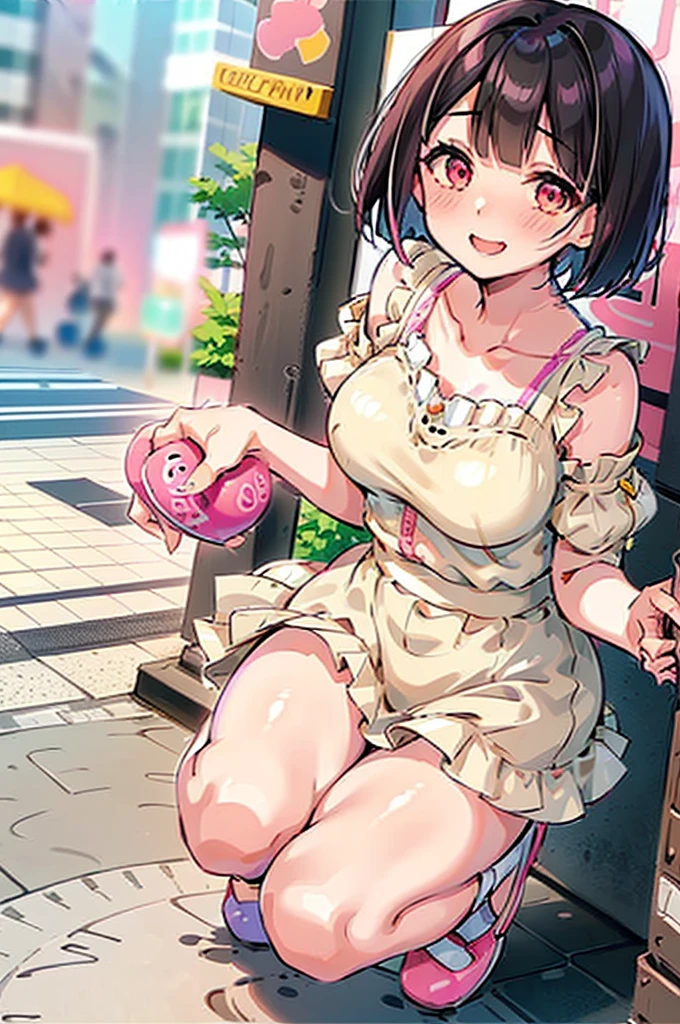 4K，One Girl, MS. end，thin，Very short stature，Very thin thighs，Blunt bangs，Short dress shirt, Half sleeves，Red Suspender Mini Skirt，blush, smile, Bobcut, Black Hair，Vibrant colors, ahegao，A lot of love juice drips down her thighs onto the floor，(remote_play))，remote-vibrating-egg，((Someone else's hand holding a pink round remote control:1.3))、Ecstatic expression，Accurate and detailed female fingers，nsfw,blush,Bitch,masterpiece,,pussy juice