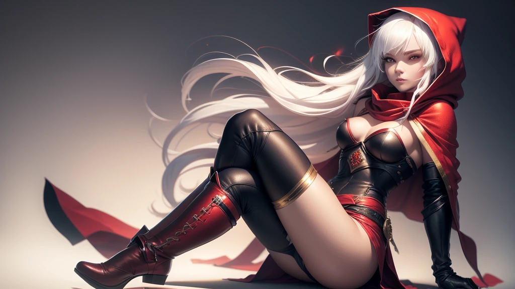 little Red Riding Hood,Fantasy World,White hair,Sexy body,tall,slim,Wearing tights,Red and gold eyes,Holding a gun in hand,The legs are dressed in black,Hair with red highlights,Wearing leather armor,Metal arm armor,Wears a red hood,Wear a shawl,The shawl is very short,Wearing long boots,side fringe,Hips,Royal sister,Demon hunter,High and cold,Sexy and mature,