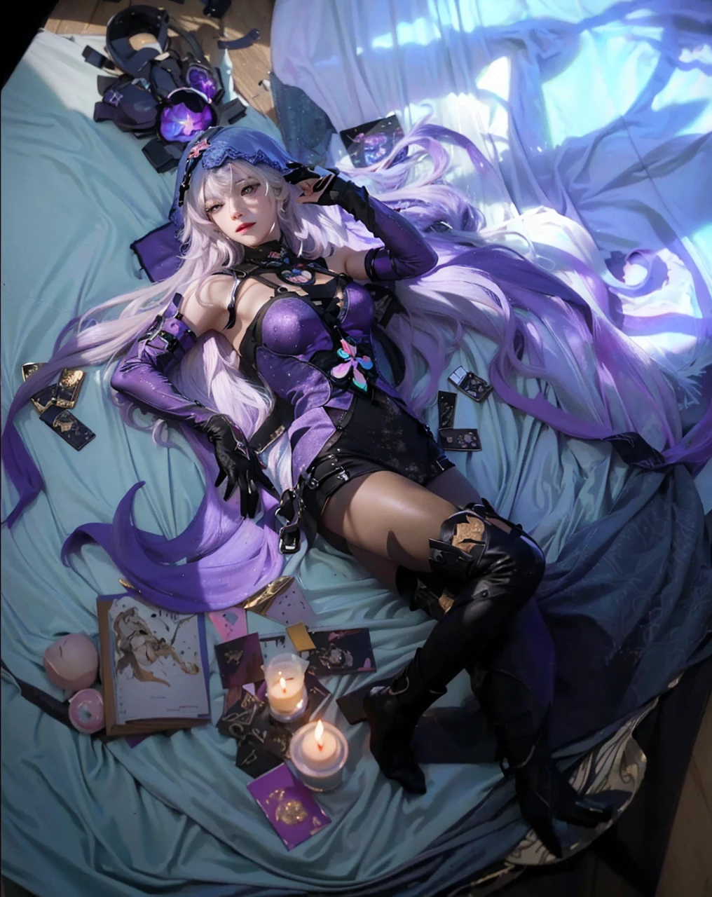 ((BLACK SWAN_HONKAI STARRAIL)),((realistic, photorealistic)),(highlight hair)), Light reflection, (( HD )),((upper body)), (((best quality, masterpiece))), (masterpiece) (best quality) (detail) (8k) (HDR) (wallpaper) (cinematic lighting) (sharp focuasterpiece, best quality: 1.1), Real life adaption of this character, Asian teen beauty face, Shining green eyes, realistic outfit, realistic shadow, realistic light, realism, hyper realistic,realistic hair, realistic background,(photorealistic:1.2), 1girl, glow purple,Cloth mat background, lying down, hair loose,Hooded,white hair,Reflection of window light,Luxurious candles,glow effect, foreground candle, Particles light,Black Gloves,floating hair,