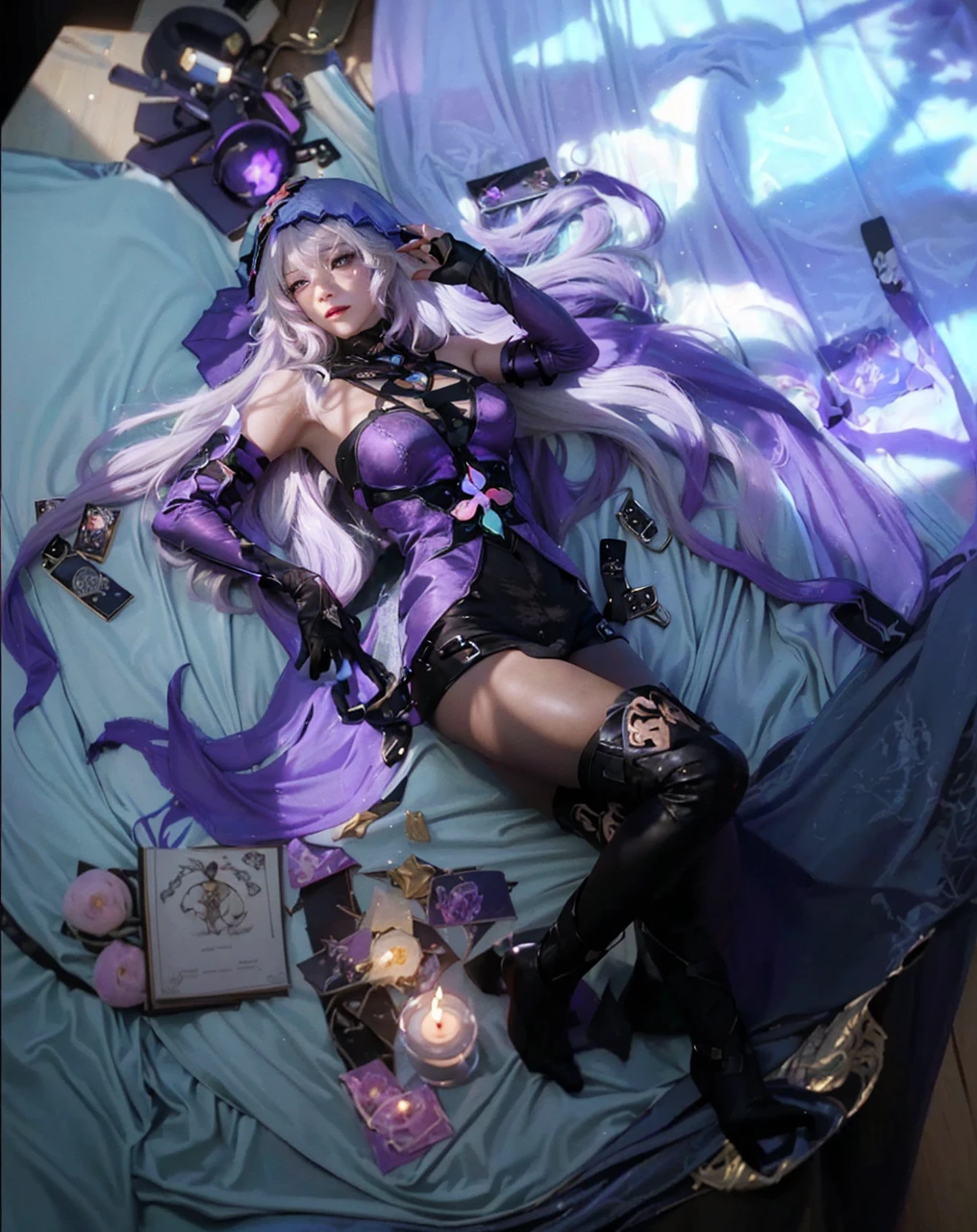 ((BLACK SWAN_HONKAI STARRAIL)),((realistic, photorealistic)),(highlight hair)), Light reflection, (( HD )),((upper body)), (((best quality, masterpiece))), (masterpiece) (best quality) (detail) (8k) (HDR) (wallpaper) (cinematic lighting) (sharp focuasterpiece, best quality: 1.1), Real life adaption of this character, Asian beauty face, Shining green eyes, realistic outfit, realistic shadow, realistic light, realism, hyper realistic,realistic hair, realistic background,(photorealistic:1.2), 1girl, glow purple,Cloth mat background, lying down, hair loose,Hooded,white hair,Reflection of window light,Luxurious candles,glow effect, foreground candle, Particles light,Black Gloves,floating hair,