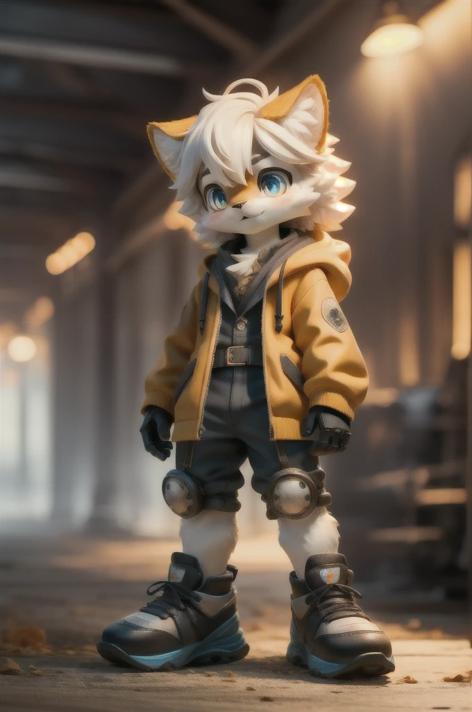 (masterpiece,best quality,hyper quality,8k,absurdres,insane details,intricate details,hyperdetailed,high detail,ultra detailed,realistic:1.4, ),1boy,boy,solo,furry,kemono,pupils,snake_pupils,luminous pupil,steampunk,machine_robo,robot_joints,full_shot,sneakers, white hair,yellow_fur,