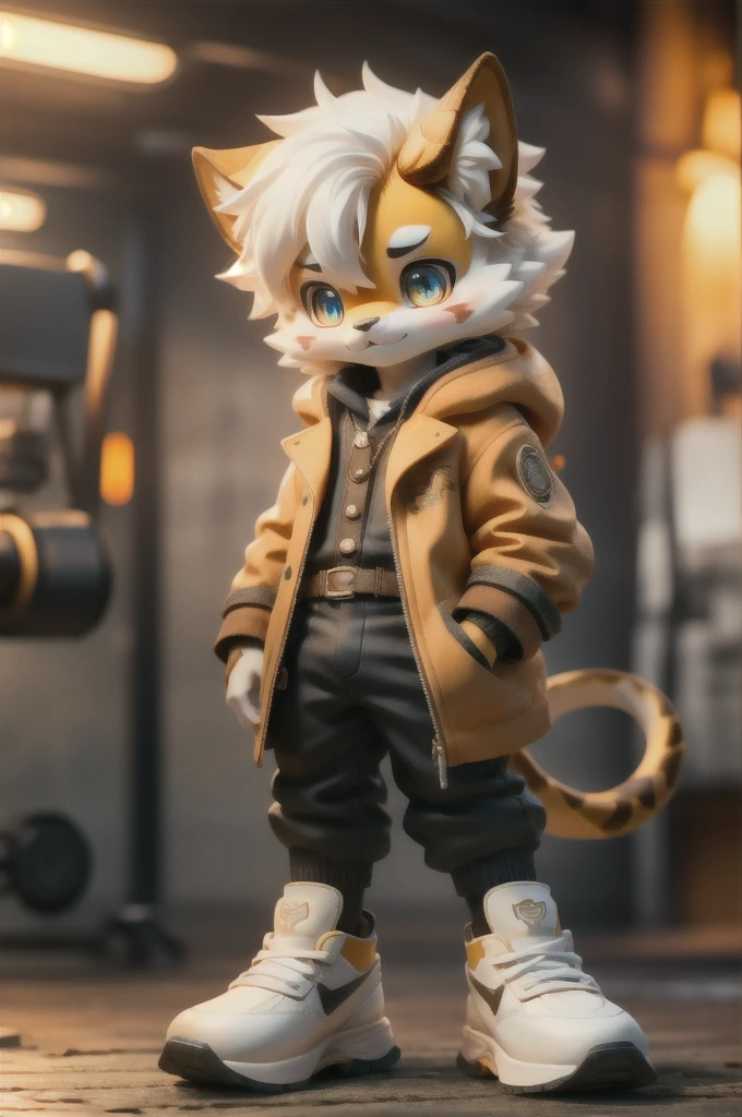 (masterpiece,best quality,hyper quality,8k,absurdres,insane details,intricate details,hyperdetailed,high detail,ultra detailed,realistic:1.4, ),1boy,boy,solo,furry,kemono,pupils,snake_pupils,luminous pupil,steampunk,machine_robo,robot_joints,full_shot,sneakers, white hair,yellow_fur,