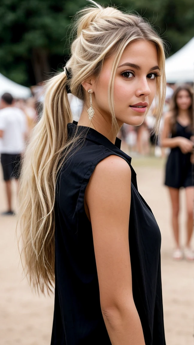 23-year-old blonde woman, ((hiperrealismo)) ,. blonde hair with light brown roots. cabello rubio, Hair with brown roots, cabello extra largo, cabello muy largo, really long hair, ponytail hair, Beautiful, Front view, selfie, photo taken with iPhone, elegant black shirt with escote, escotada, walking, having her picture taken at a music festival, depth of field, high quality, realistic, cleavage