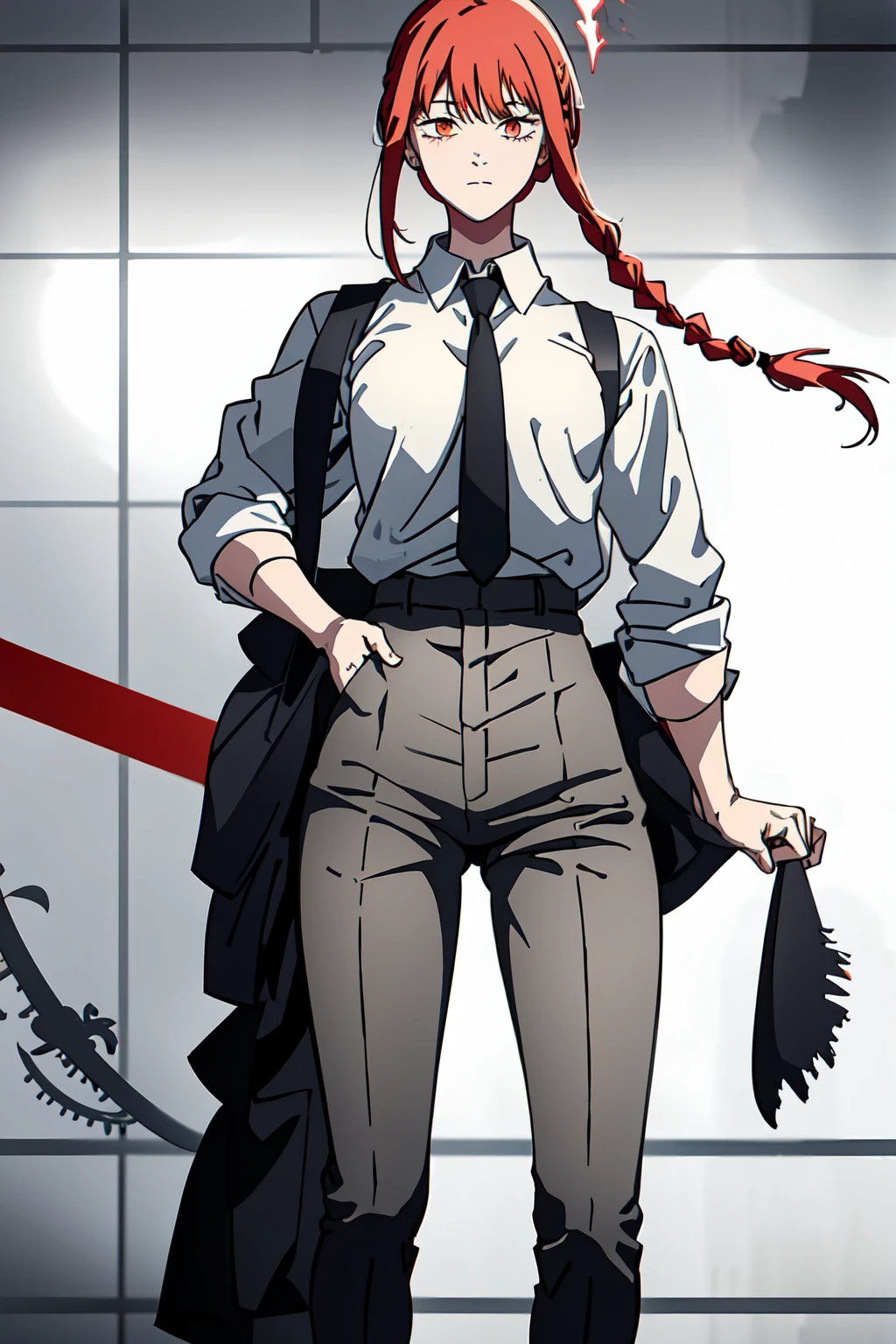 1girl absurdres black_necktie blood_halo bloody_halo braid braided_ponytail building business_suit chainsaw_man collared_shirt debris dino_(dinoartforame) formal from_below halo hands_in_pockets high-waist_pants highres jacket jacket_on_shoulders looking_to_the_side makima_(chainsaw_man) necktie office_lady pants red_eyes red_halo redhead rubble shirt shirt_tucked_in solo star_(symbol) suit