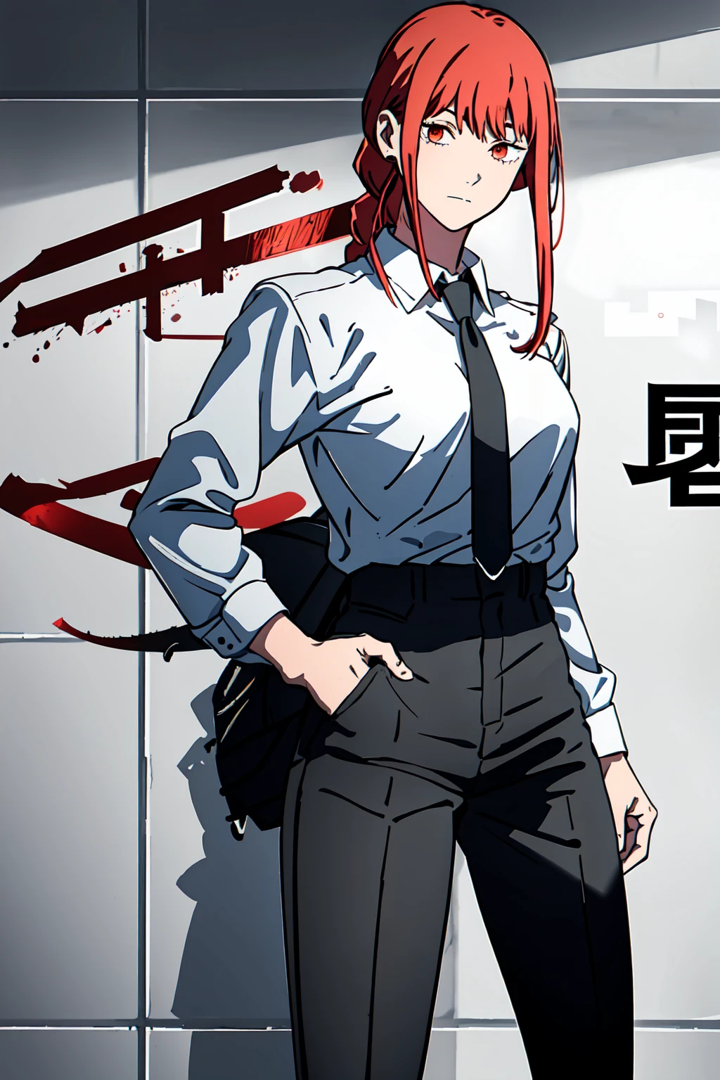 1girl absurdres black_necktie blood_halo bloody_halo braid braided_ponytail building business_suit chainsaw_man collared_shirt debris dino_(dinoartforame) formal from_below halo hands_in_pockets high-waist_pants highres jacket jacket_on_shoulders looking_to_the_side makima_(chainsaw_man) necktie office_lady pants red_eyes red_halo redhead rubble shirt shirt_tucked_in solo star_(symbol) suit