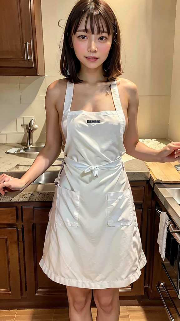 highest quality,Photo quality,Ultra-high resolution,Professional Lighting,,Beautiful face 、Amazingly cute、(((Naked Apron)))、The bra is visible through、kitchen、Cooking、