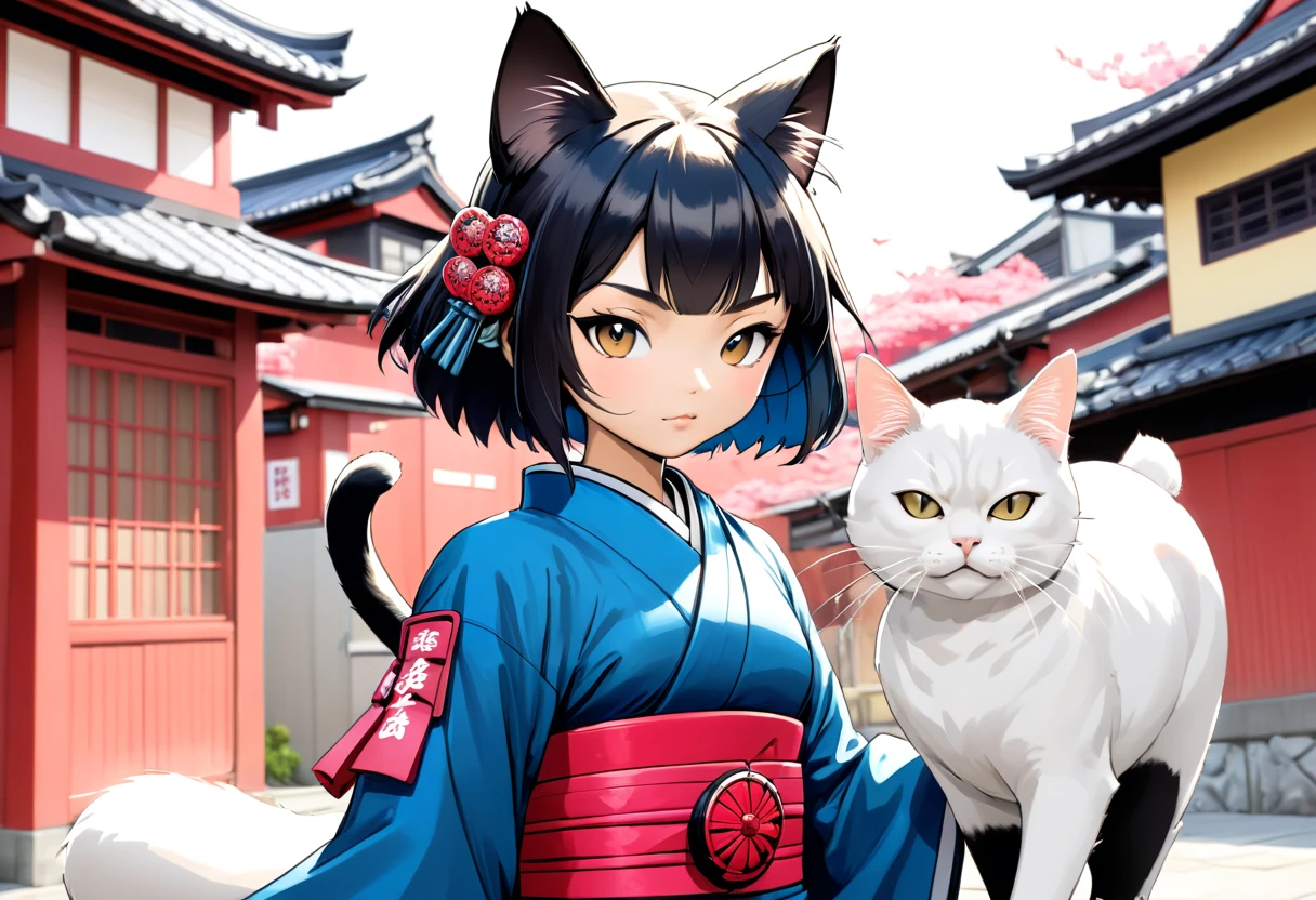 arte em tinta fina, comic style, portrait of japan, samurai cat and dog, Glamour de Osaka, bela arte de linha, comic style, manga style, manga art style, pencil and ink caricature drawing, coloring, , other positions, corpo inteiro. Japan Background, cat ninja and dog samurai, desenho colorido. Old japan sity in background