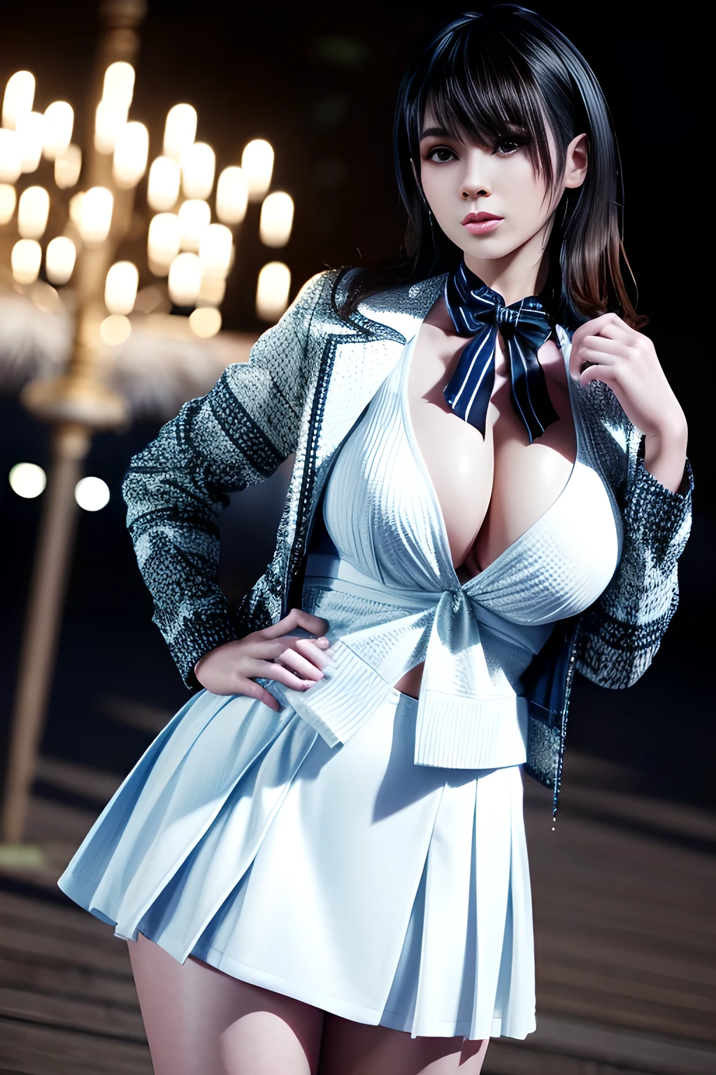 1girl,The upper body is a dark blue short-sleeved suit jacket, paired with a white shirt and a black tie. The jacket is decorated with white stripes, which adds a sense of fashion and layering. The lower body is a dark blue skirt that matches the jacket, , huge breasts, lactation, starry background, elegance, magical atmosphere, (soft lighting:1.5), serene, graceful, beautiful detailed eyes, beautiful detailed lips, extremely detailed face, long eyelashes, standing pose, focus on thighs and above, (best quality, 4k, 8k, highres, masterpiece:1.2), ultra-detailed, (realistic, photorealistic, photo-realistic:1.37), vibrant colors, Nanami