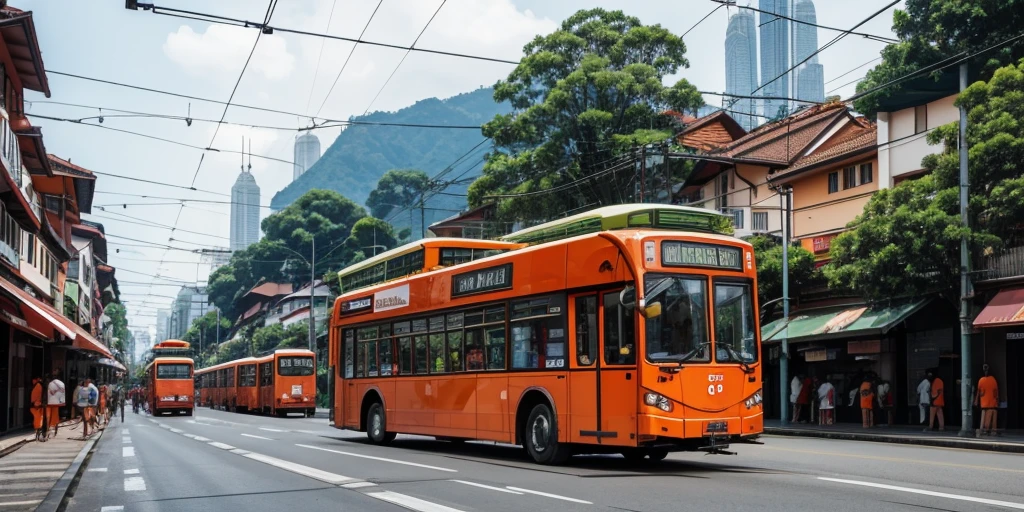 infographic of orange trolleybuses from switzerland in kuala lumpur city with the overhead wires, buildings, vehicles, trees and people