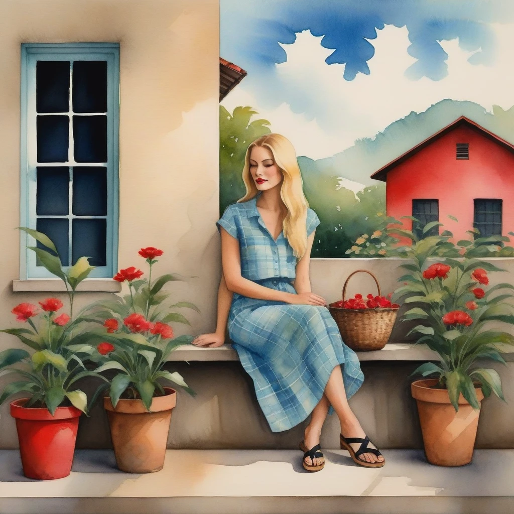 Imagine a serene setting where a Brazilian woman is the centerpiece of a tranquil watercolor scene. She sits comfortably on a concrete porch, her posture relaxed. Her straight blonde hair cascades over her shoulders, providing a lovely contrast to her light blue blouse and floral skirt. The red of her lips adds a pop of color that draws your eye, while her black flip-flops suggest a casual elegance. Beside her, a brown plaid bag rests against the porch railing, hinting at a story yet to be told. The setting is simple yet inviting: a beige wall with a window offering a glimpse of a tranquil interior and potted plants that add a touch of greenery and life to the composition.

