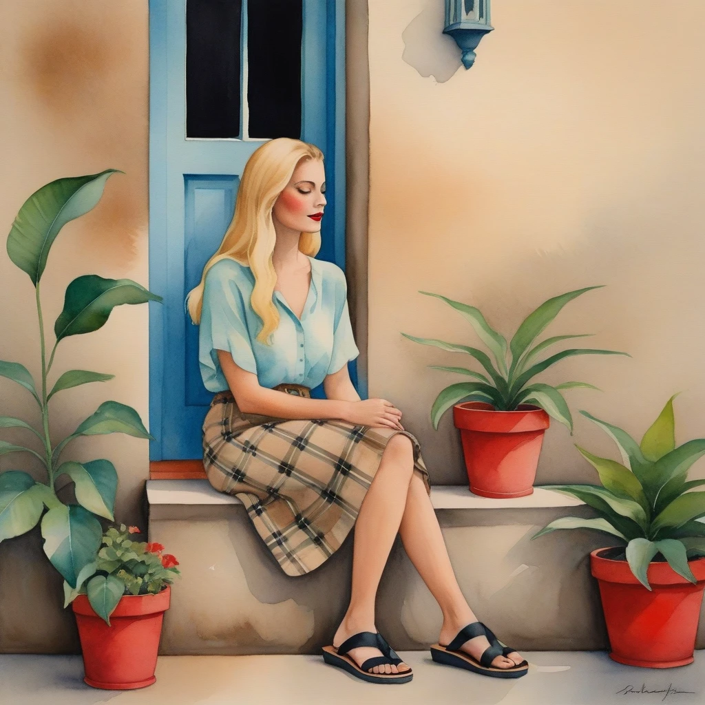 Imagine a serene setting where a Brazilian woman is the centerpiece of a tranquil watercolor scene. She sits comfortably on a concrete porch, her posture relaxed. Her straight blonde hair cascades over her shoulders, providing a lovely contrast to her light blue blouse and floral skirt. The red of her lips adds a pop of color that draws your eye, while her black flip-flops suggest a casual elegance. Beside her, a brown plaid bag rests against the porch railing, hinting at a story yet to be told. The setting is simple yet inviting: a beige wall with a window offering a glimpse of a tranquil interior and potted plants that add a touch of greenery and life to the composition.

