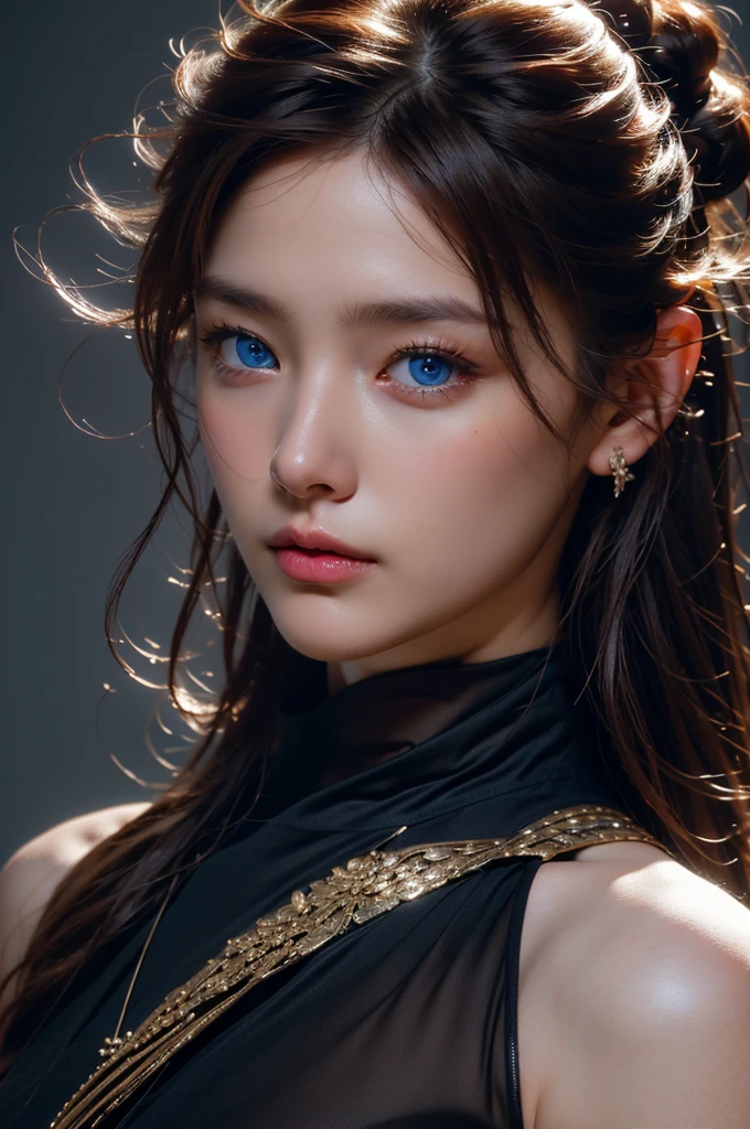 (Better quality, 4K, high resolution, Ultra Detailed), Bright colors, Brown hair, Deep blue eyes, Sharp focus