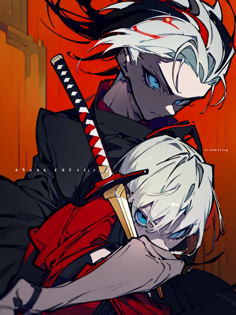 a close up of a person with a sword and a guy with a red dress, handsome guy in demon slayer art, best anime character design, detailed anime character art, anime character; full body art, anime character design a death god, character adoptable, handsome japanese demon boy, bloody + concept art, official character art, onmyoji detailed art, beautiful male god of death a close up of a person in a black dress with a gold belt, flowing white robes, white haired deity, genshin impact character, golden-black robes, picture of a male samurai and death god, d&d dark sun character art, official character art, portrait of ororo munroe, holding a katana, holding a katana, holding a katana, holding a katana, holding a katana, bloody, bloody, bloody, bloody, red and golden effects, red and golden effects, red effects, golden effects,black hair, black hair, black hair, black hair, black hair, golden effects, golden effects, BLUE eyes, BLUE eyes, BLUE eyes, BLUE eyes, badass, badass, badass
