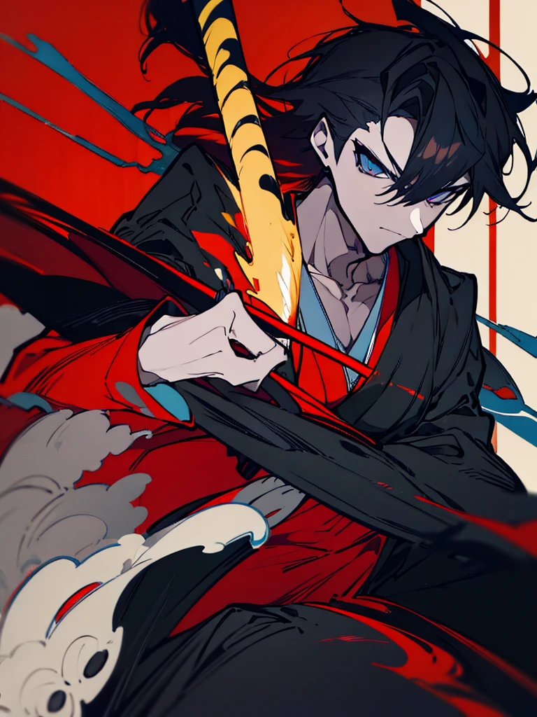a close up of a person with a sword and a guy with a red dress, handsome guy in demon slayer art, best anime character design, detailed anime character art, anime character; full body art, anime character design a death god, character adoptable, handsome japanese demon boy, bloody + concept art, official character art, onmyoji detailed art, beautiful male god of death a close up of a person in a black dress with a gold belt, flowing white robes, white haired deity, genshin impact character, golden-black robes, picture of a male samurai and death god, d&d dark sun character art, official character art, portrait of ororo munroe, holding a katana, holding a katana, holding a katana, holding a katana, holding a katana, bloody, bloody, bloody, bloody, red and golden effects, red and golden effects, red effects, golden effects,black hair, black hair, black hair, black hair, black hair, golden effects, golden effects, BLUE eyes, BLUE eyes, BLUE eyes, BLUE eyes, badass, badass, badass